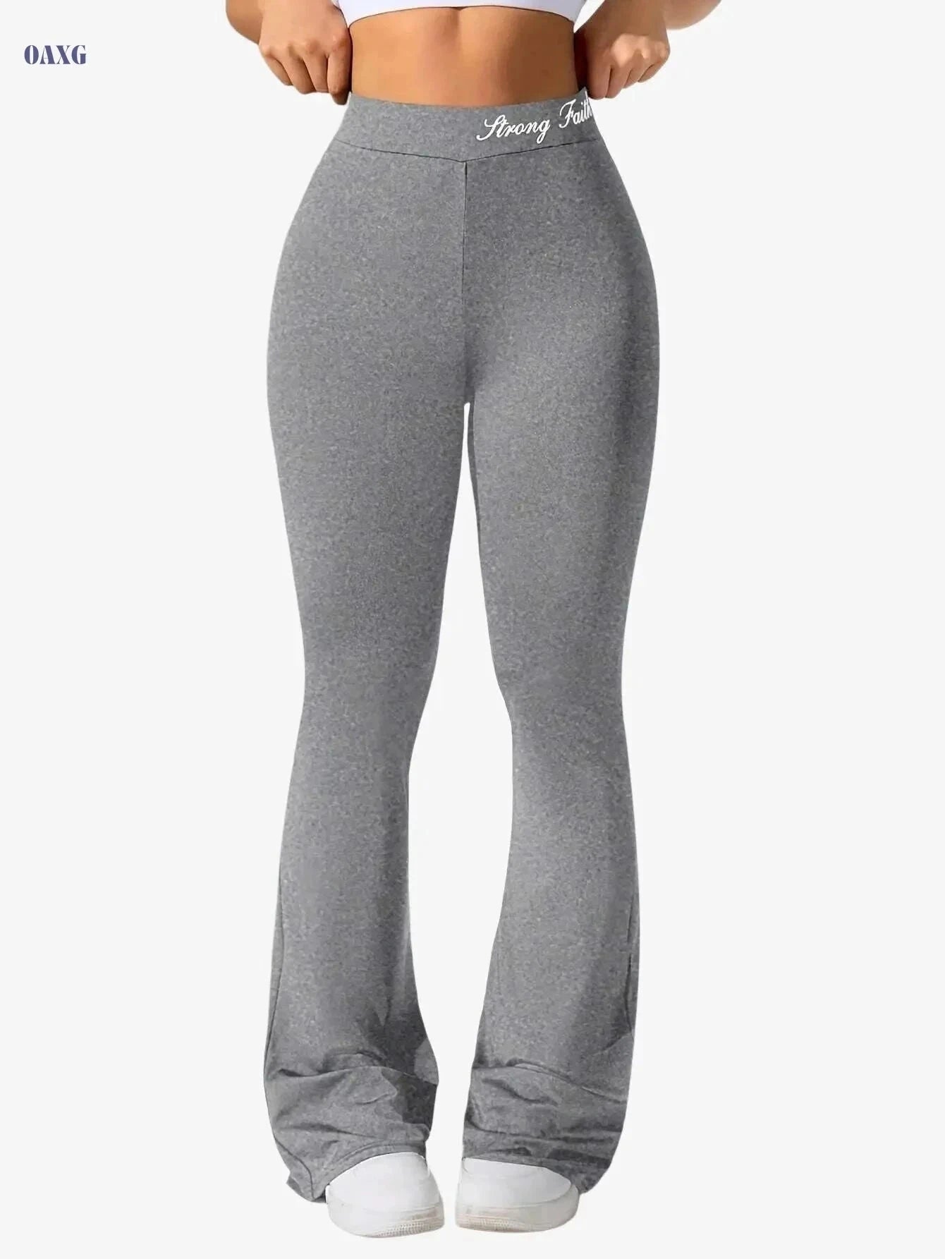 Women's Flare Yoga Pants with Letter Waistband - Solid Color Style   OAXG Black / S