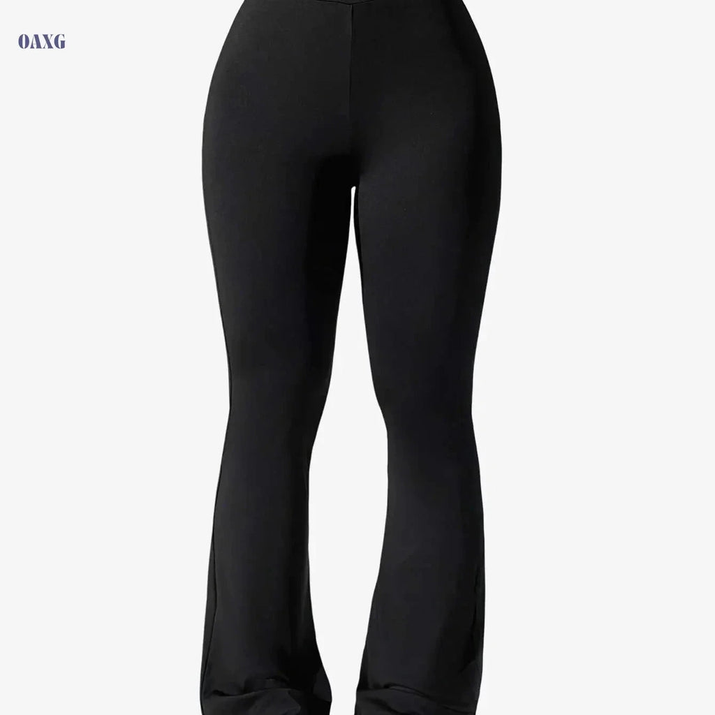 Women's Flare Yoga Pants with Letter Waistband - Solid Color Style   OAXG Black / S