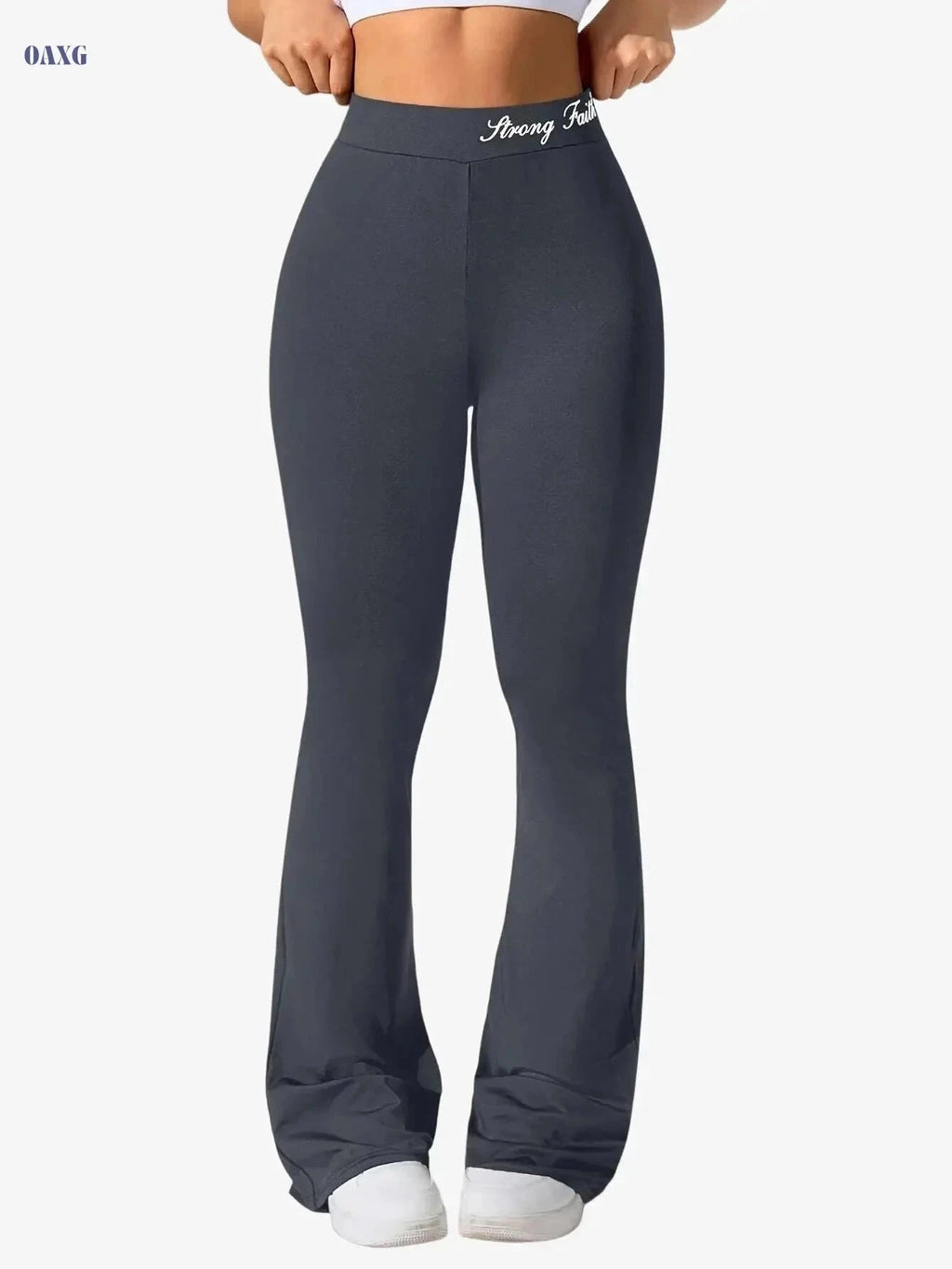 Women's Flare Yoga Pants with Letter Waistband - Solid Color Style   OAXG Black / S