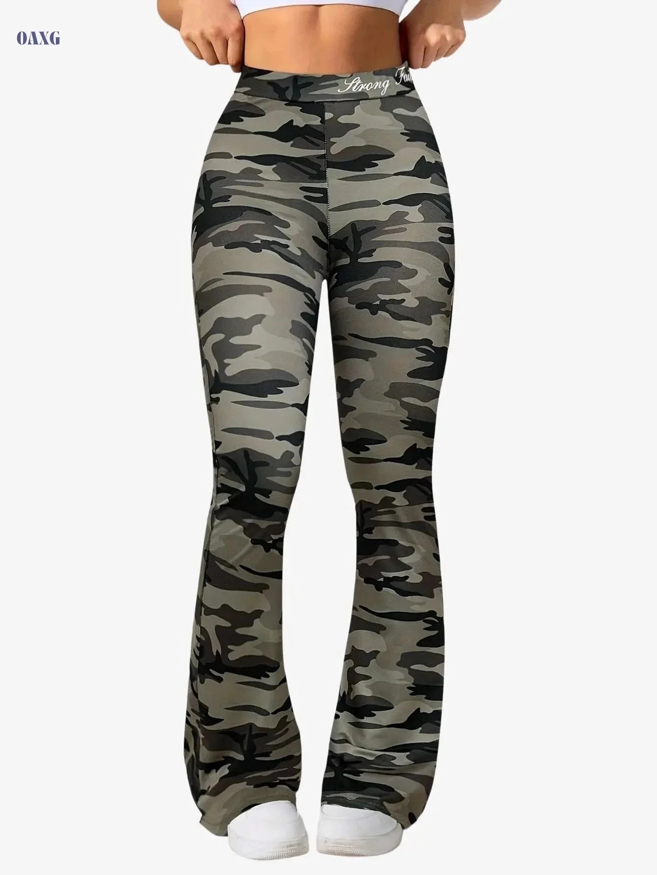 Women's Flare Yoga Pants with Letter Waistband - Solid Color Style   OAXG Black / S