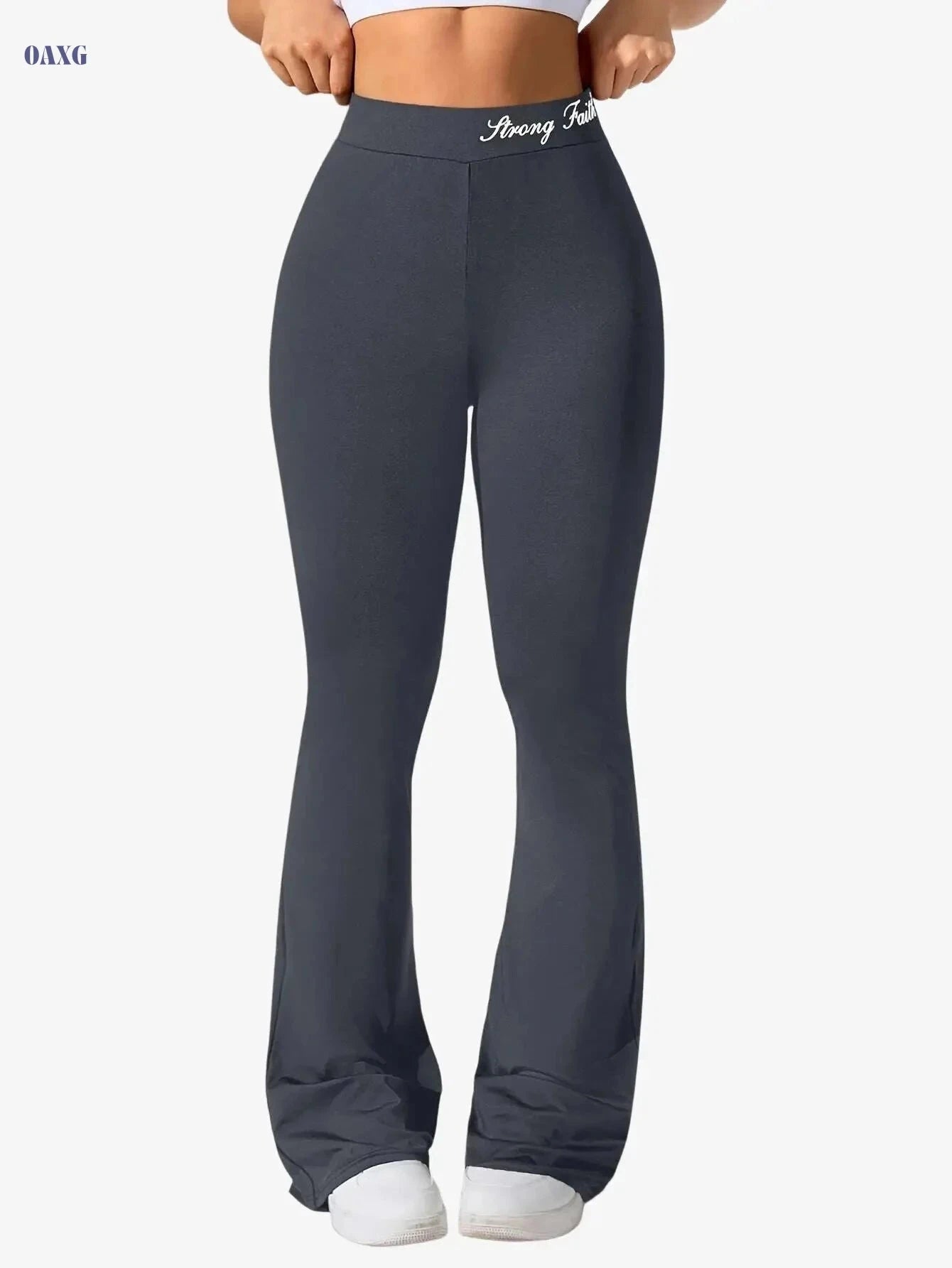 Women's Flare Yoga Pants with Letter Waistband - Solid Color Style   OAXG 