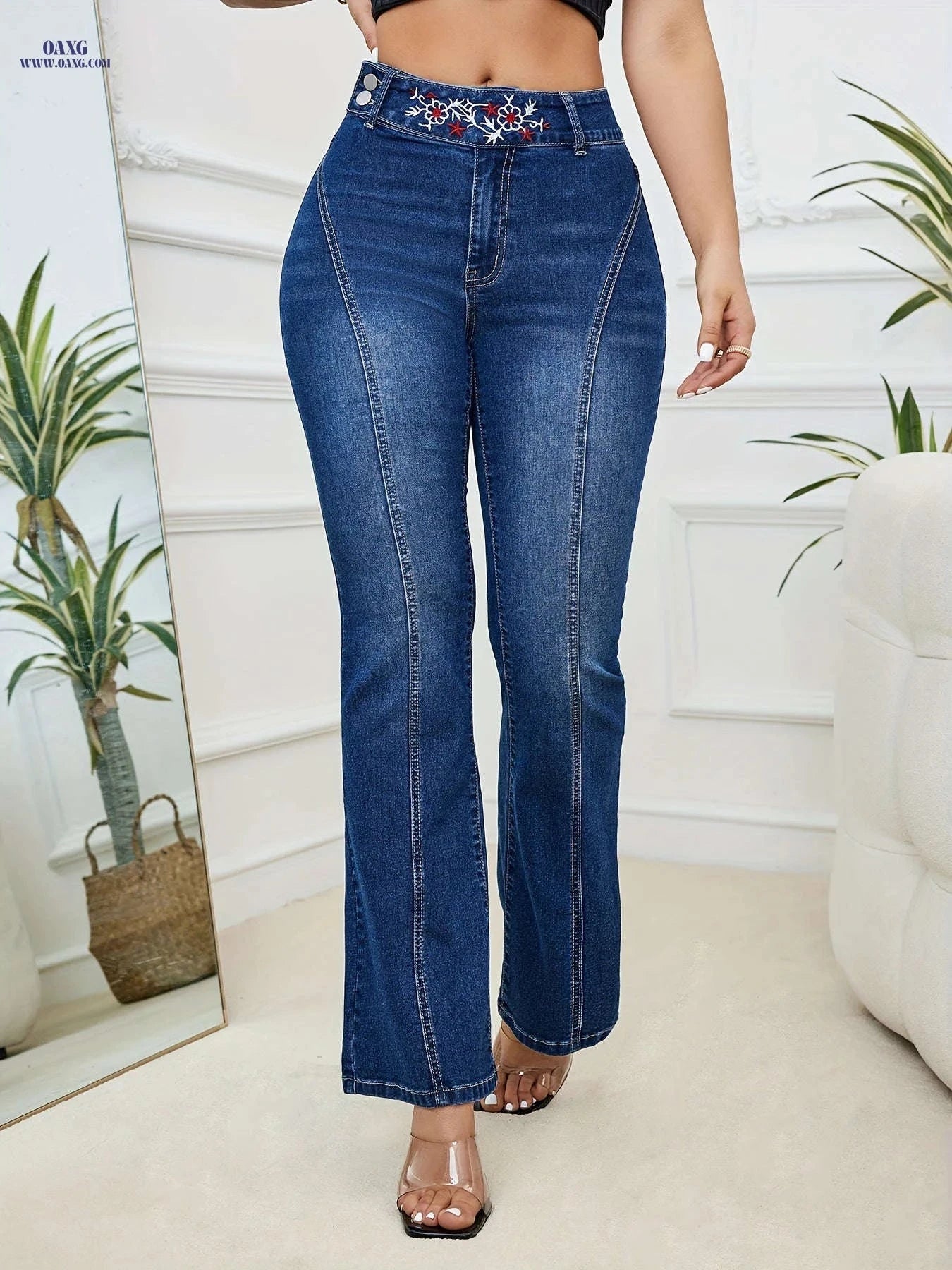 Women's Flared Denim Pants - High Stretch Casual Style for All Seasons   OAXG Dark Blue / S