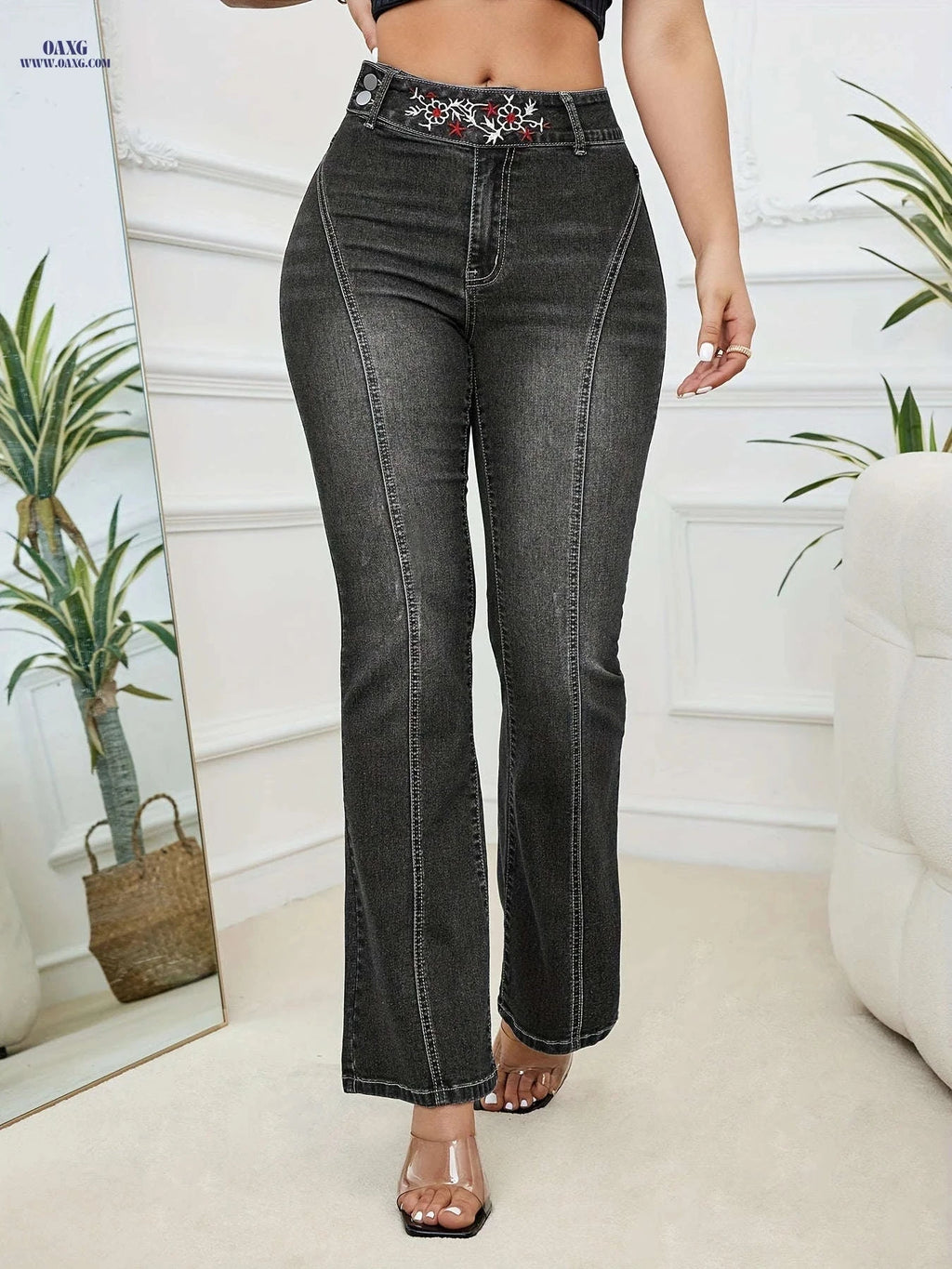 Women's Flared Denim Pants - High Stretch Casual Style for All Seasons   OAXG Dark Blue / S
