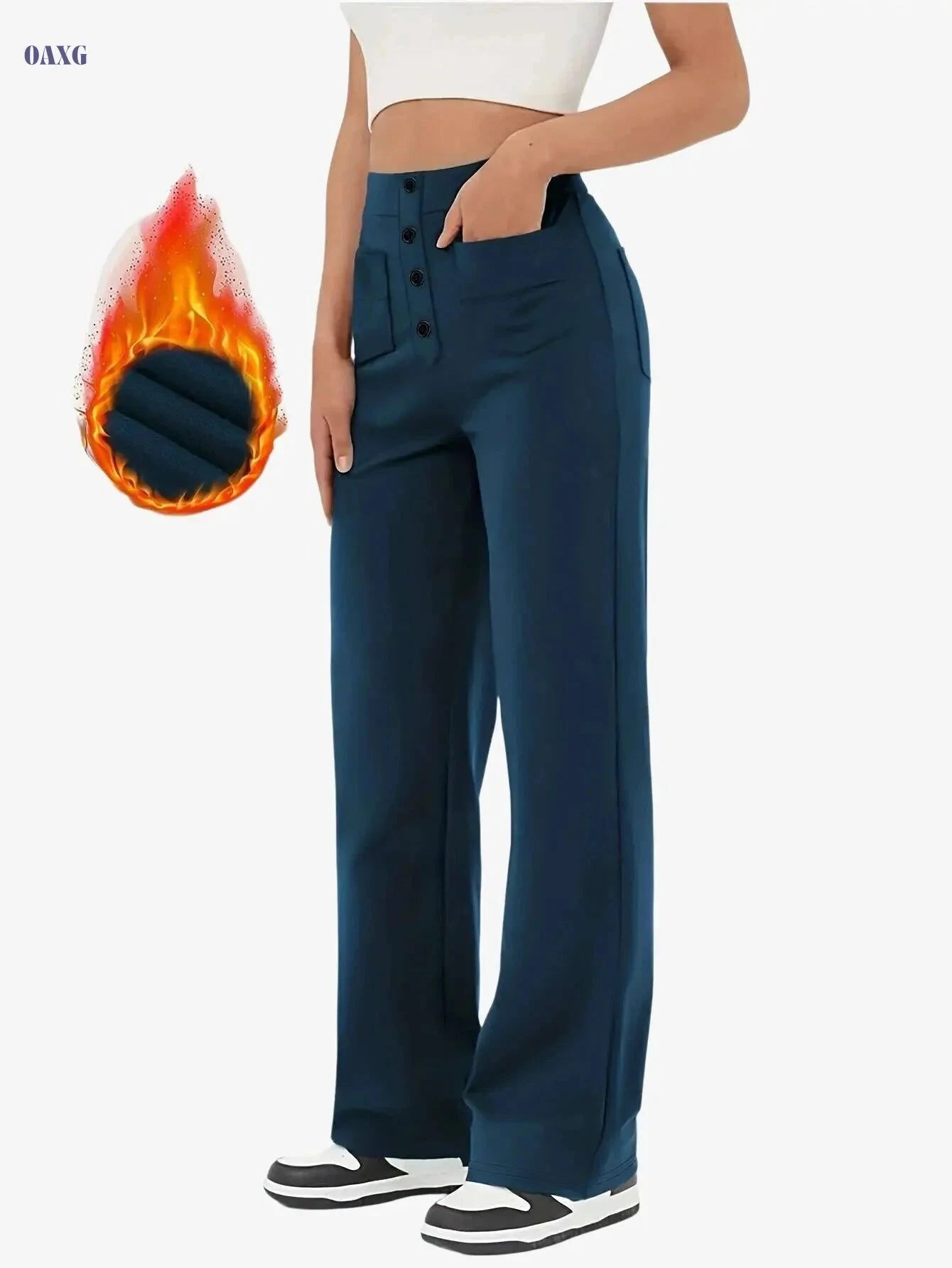 Women's Fleece-Lined High-Waisted Pants - Multi-Pocket Straight Leg   OAXG Navy Blue / XS