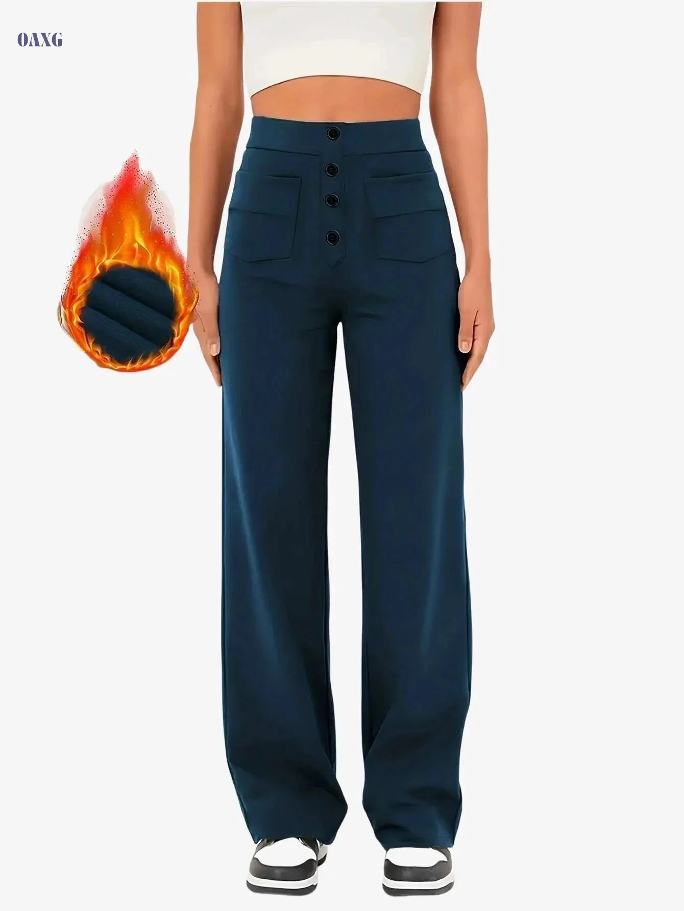 Women's Fleece-Lined High-Waisted Pants - Multi-Pocket Straight Leg   OAXG Navy Blue / XS