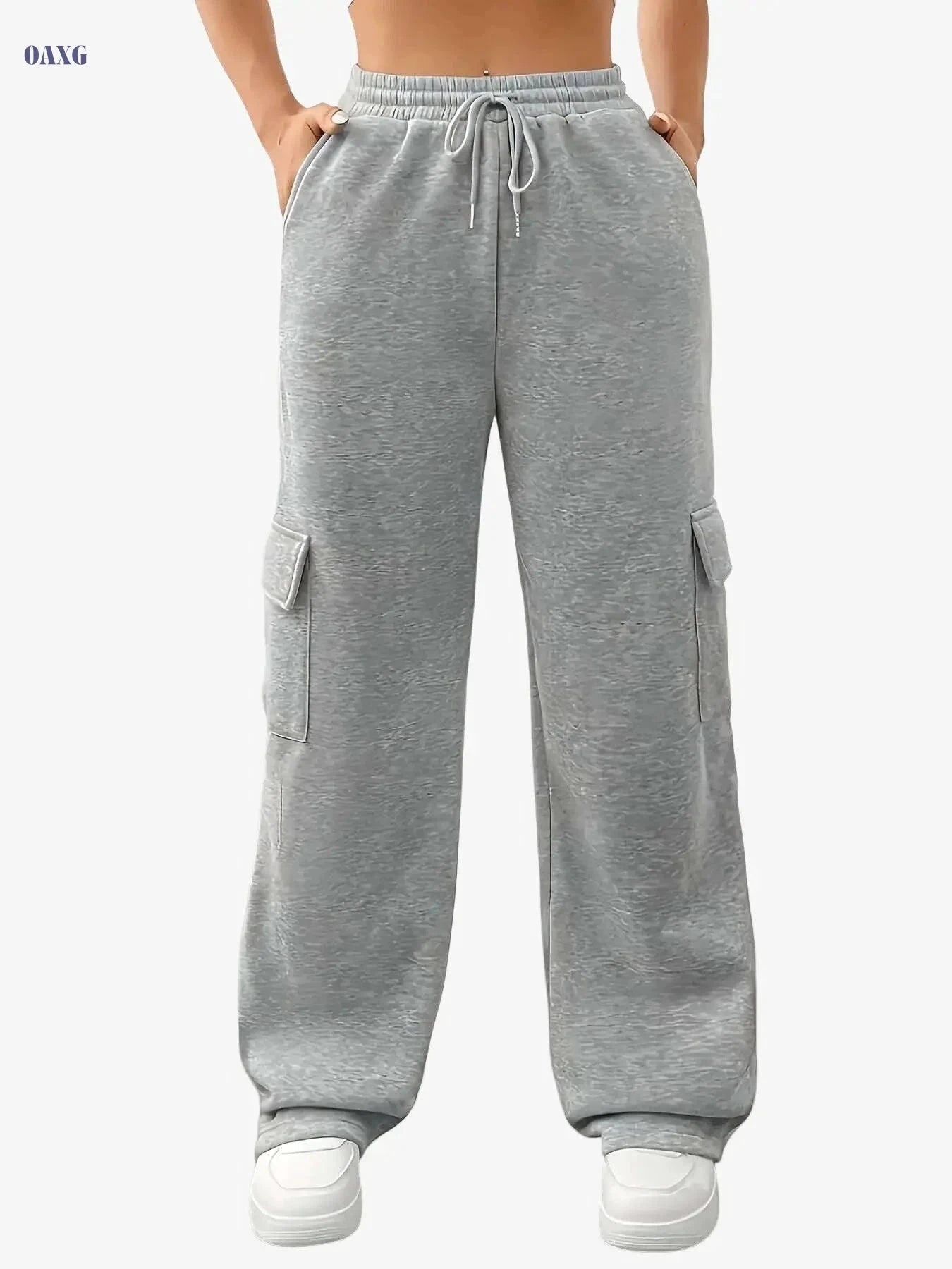 Women's Fleece-Lined Jogger Pants - Loose Fit, Multiple Pockets   OAXG Grey / S