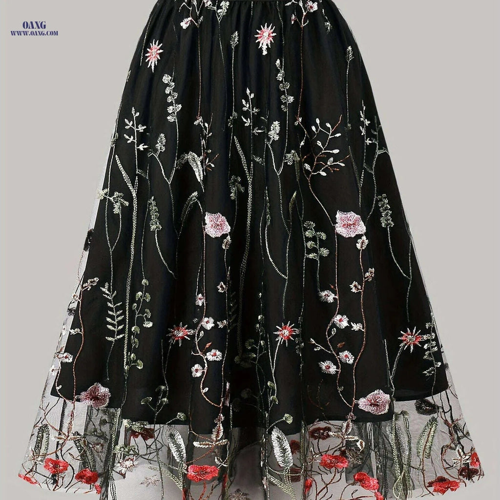 Women's Floral A-Line Skirt - Black & White Mesh Overlay, High-Waisted   OAXG Black / S