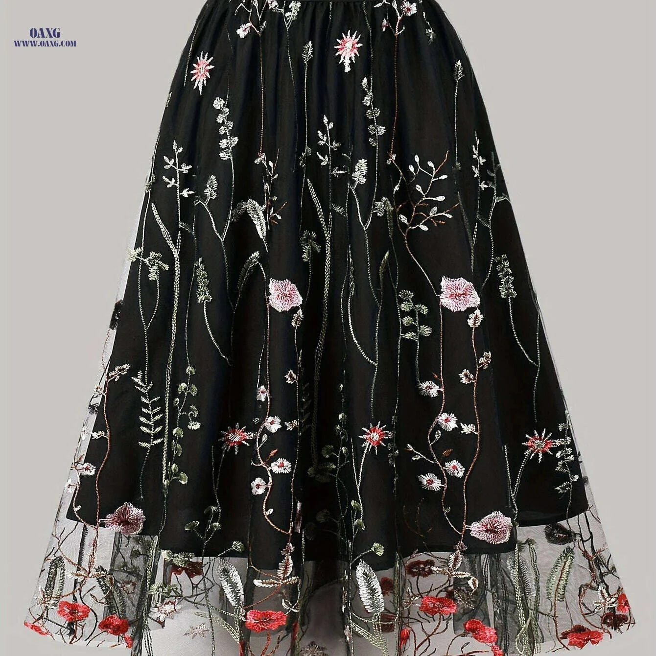 Women's Floral A-Line Skirt - Black & White Mesh Overlay, High-Waisted   OAXG Black / S