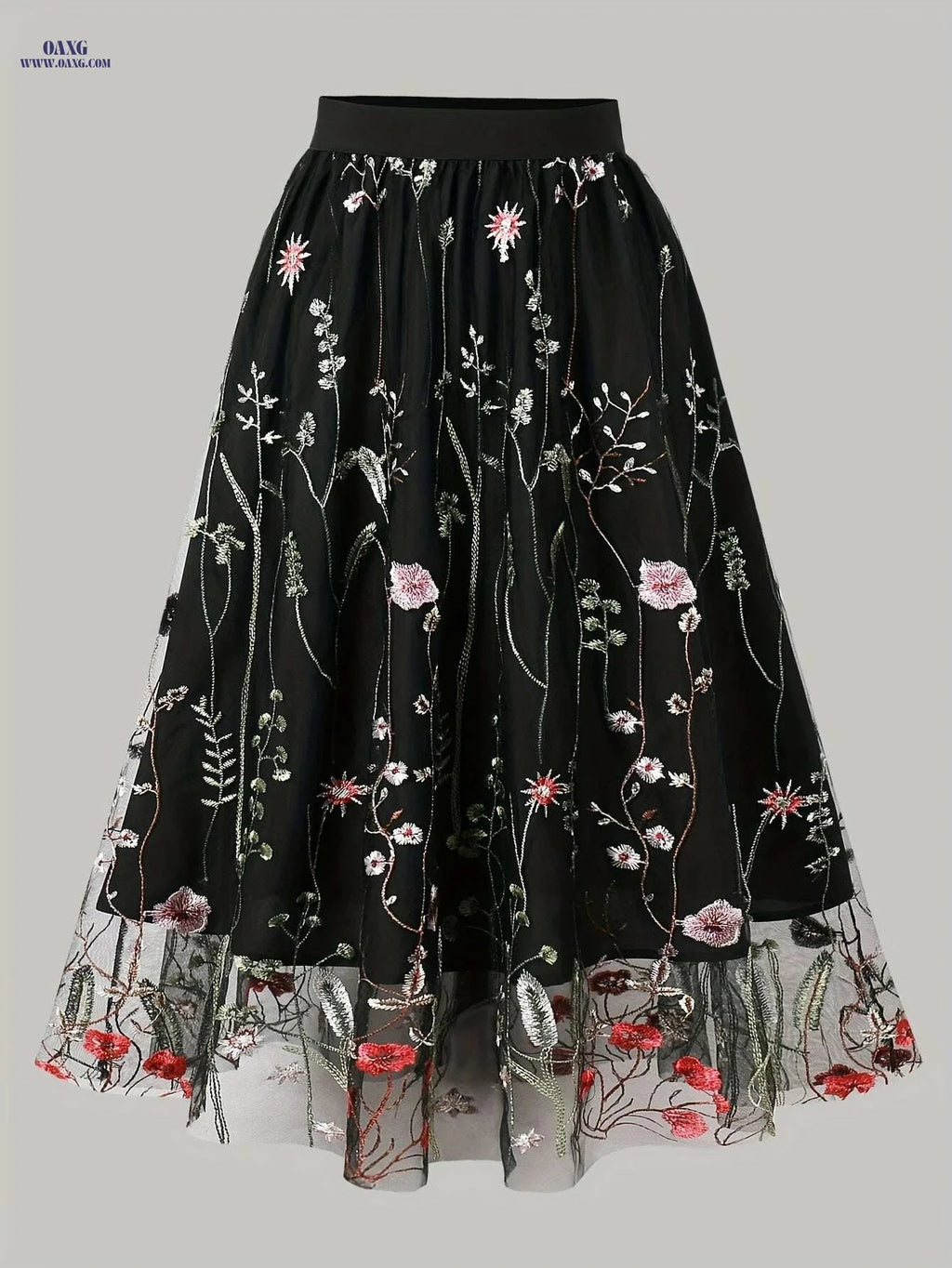 Women's Floral A-Line Skirt - Black & White Mesh Overlay, High-Waisted   OAXG Black / S