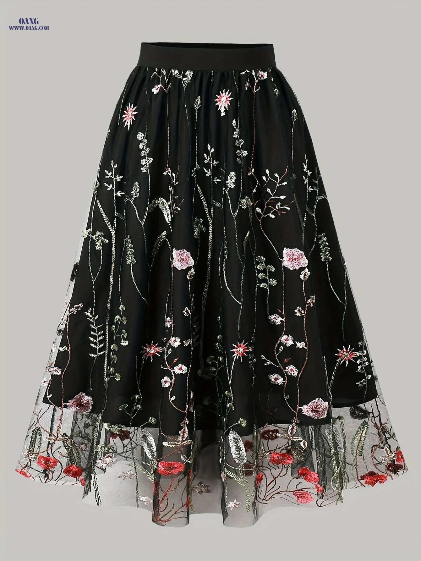 Women's Floral A-Line Skirt - Black & White Mesh Overlay, High-Waisted   OAXG Black / S