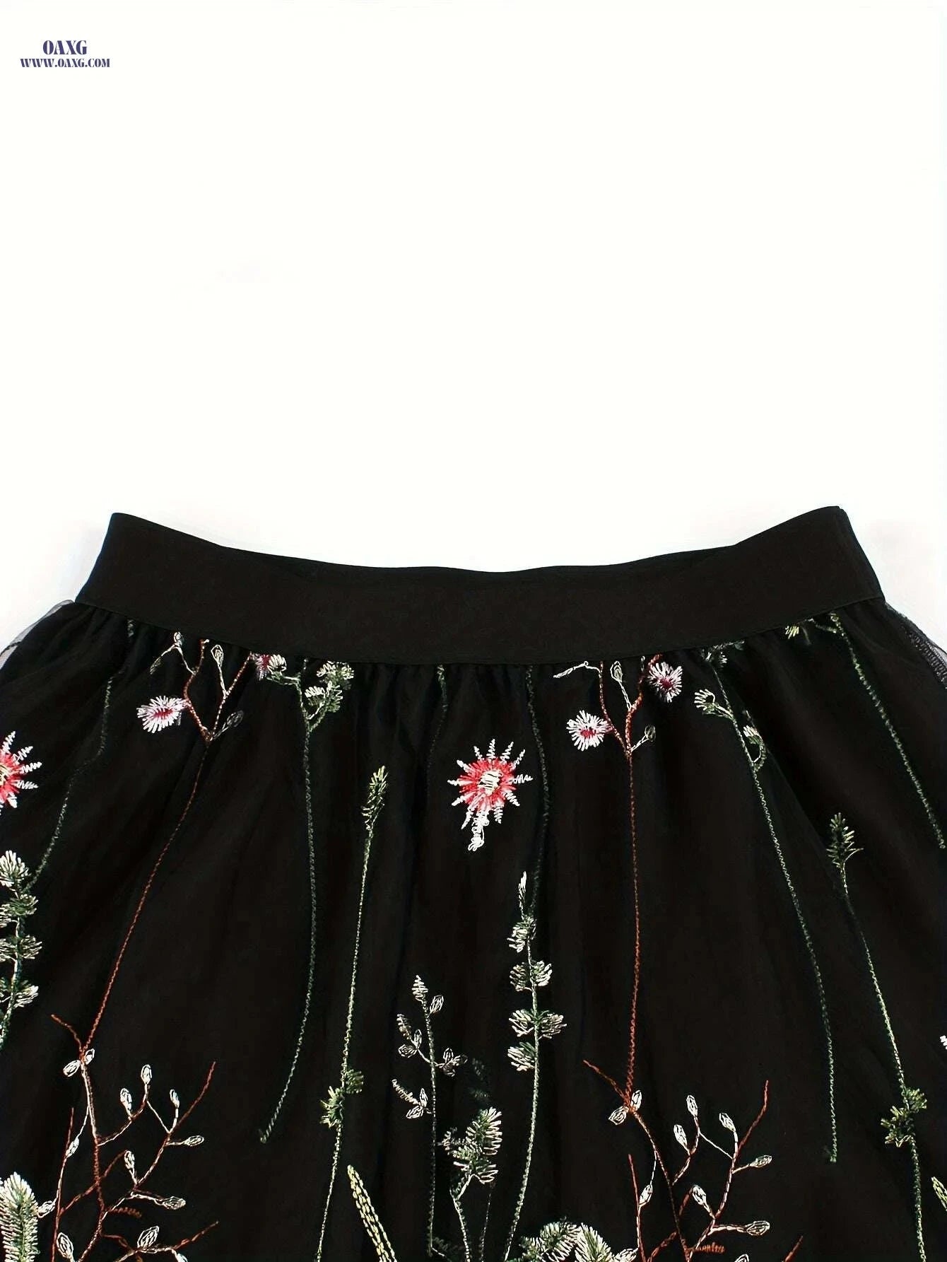 Women's Floral A-Line Skirt - Black & White Mesh Overlay, High-Waisted   OAXG Black / S