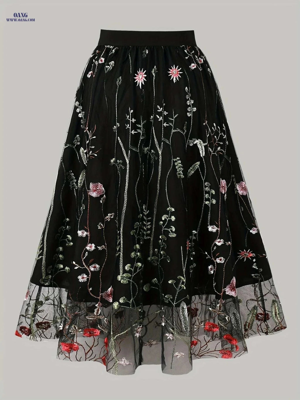 Women's Floral A-Line Skirt - Black & White Mesh Overlay, High-Waisted   OAXG 