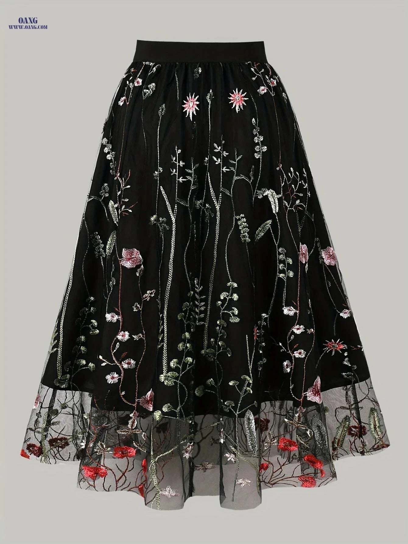 Women's Floral A-Line Skirt - Black & White Mesh Overlay, High-Waisted   OAXG 