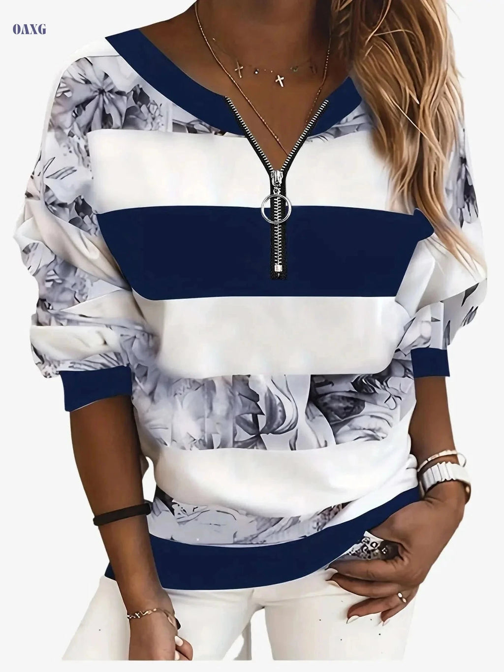 Women's Floral Color Block Long Sleeve T-Shirt - Casual V-Neck Style   OAXG 