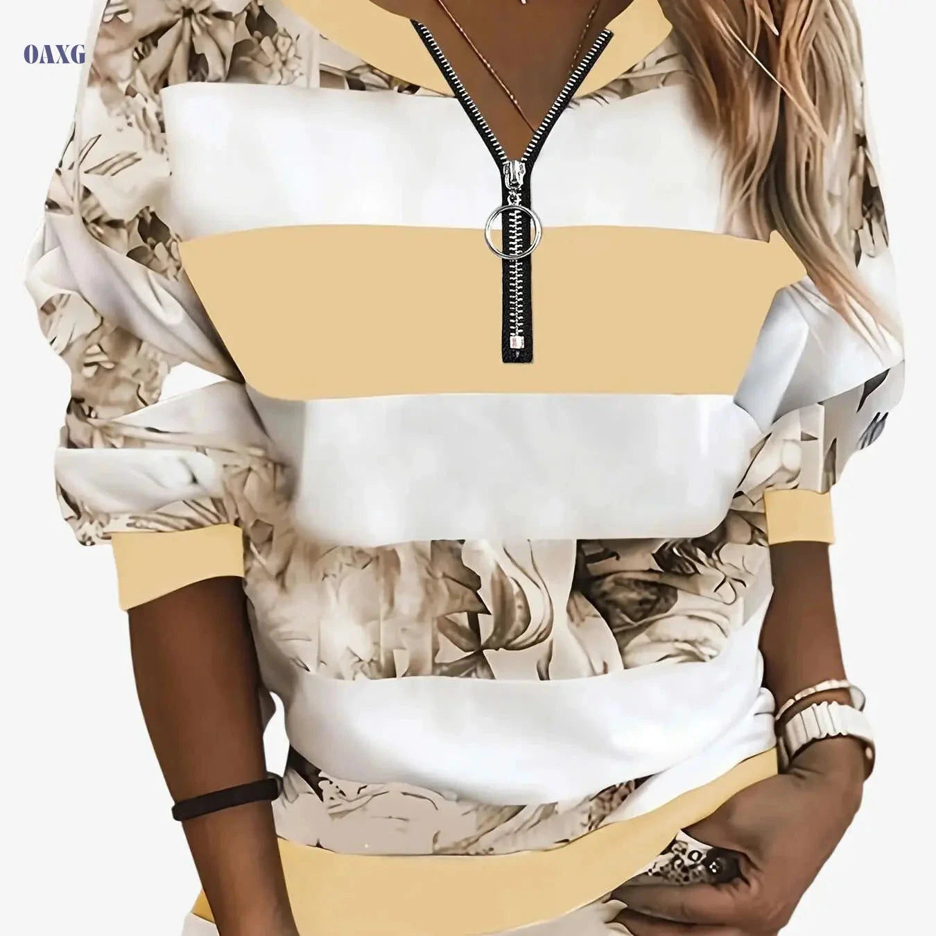 Women's Floral Color Block Long Sleeve T-Shirt - Casual V-Neck Style   OAXG 