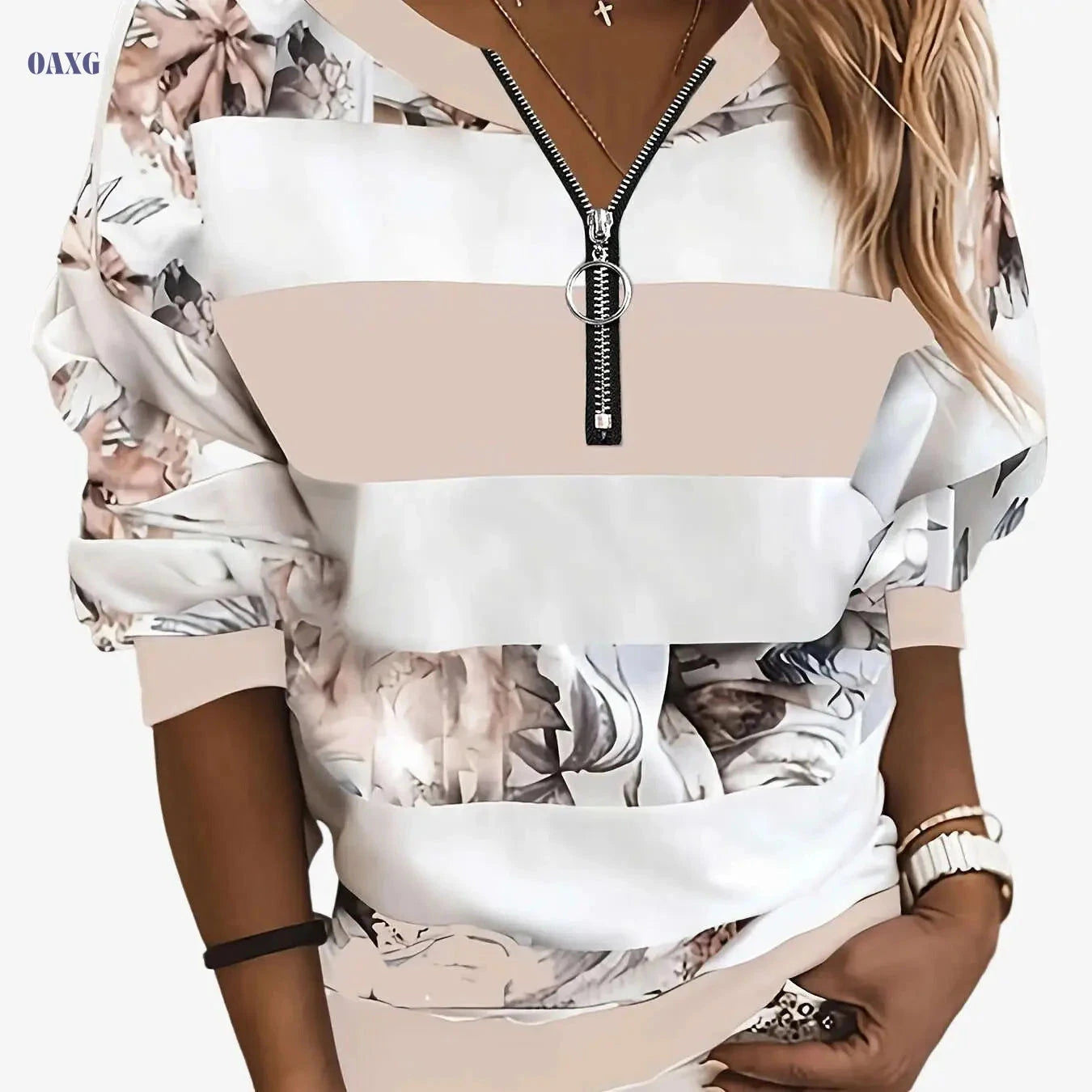 Women's Floral Color Block Long Sleeve T-Shirt - Casual V-Neck Style   OAXG Blue / S