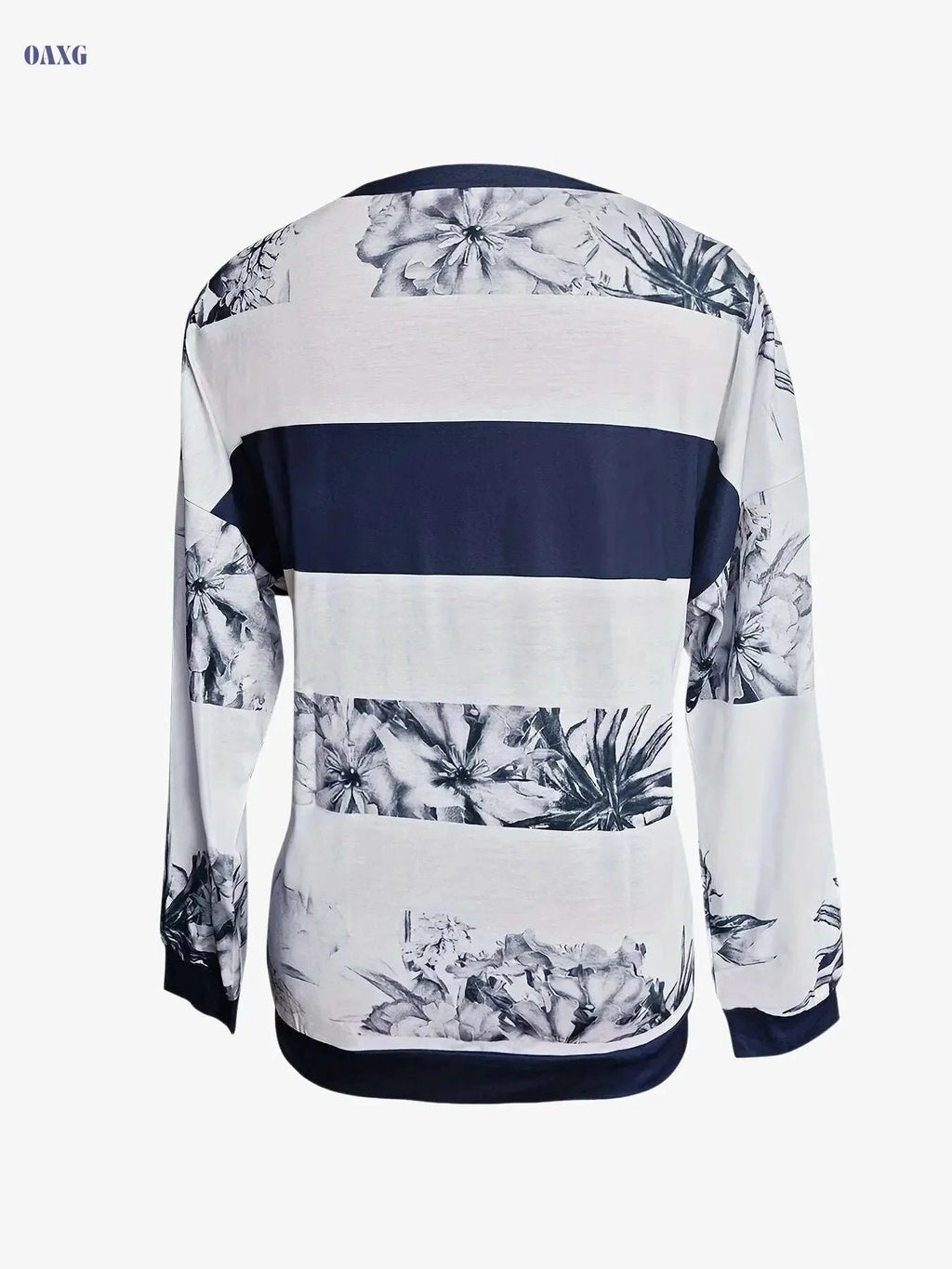 Women's Floral Color Block Long Sleeve T-Shirt - Casual V-Neck Style   OAXG Blue / S