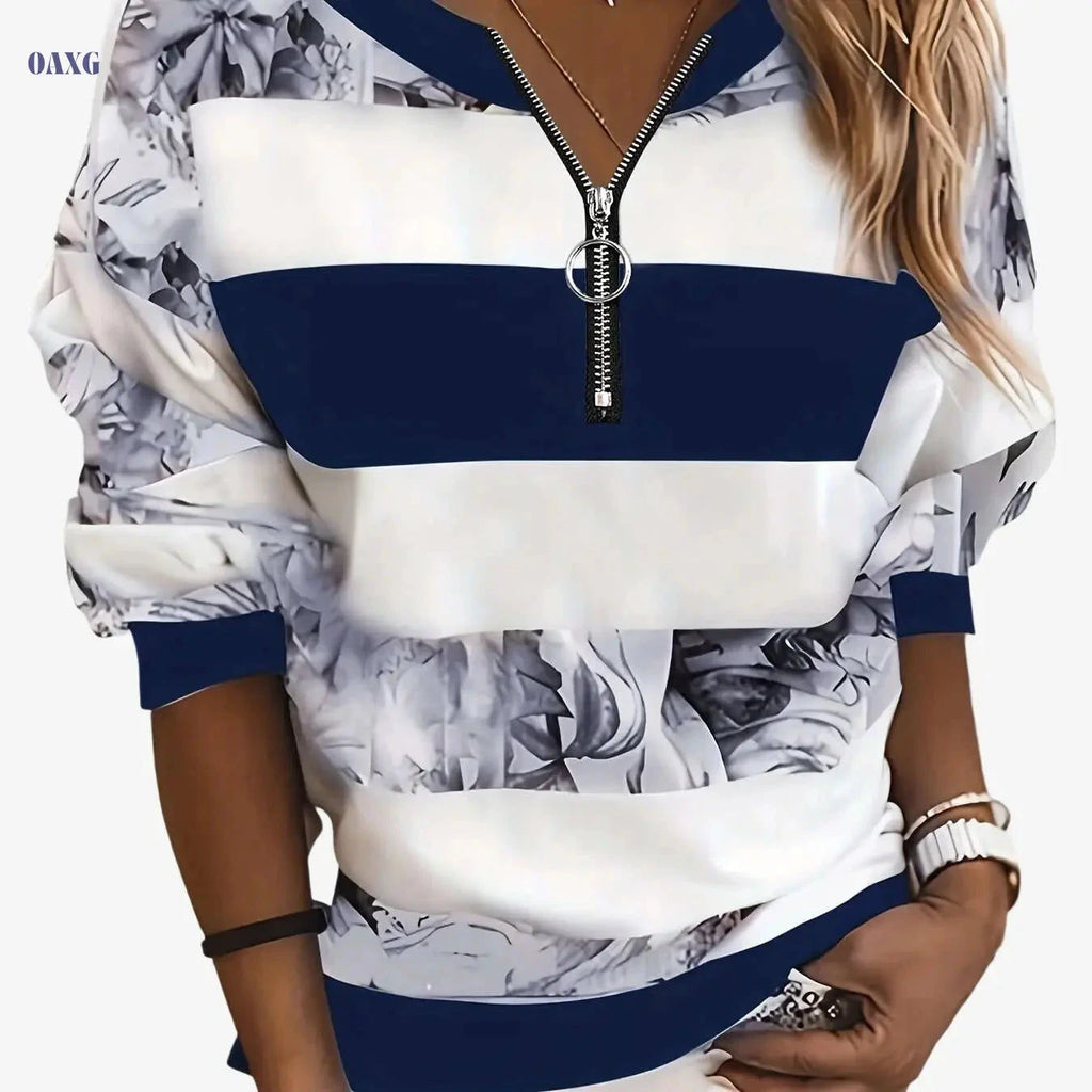 Women's Floral Color Block Long Sleeve T-Shirt - Casual V-Neck Style   OAXG Blue / S