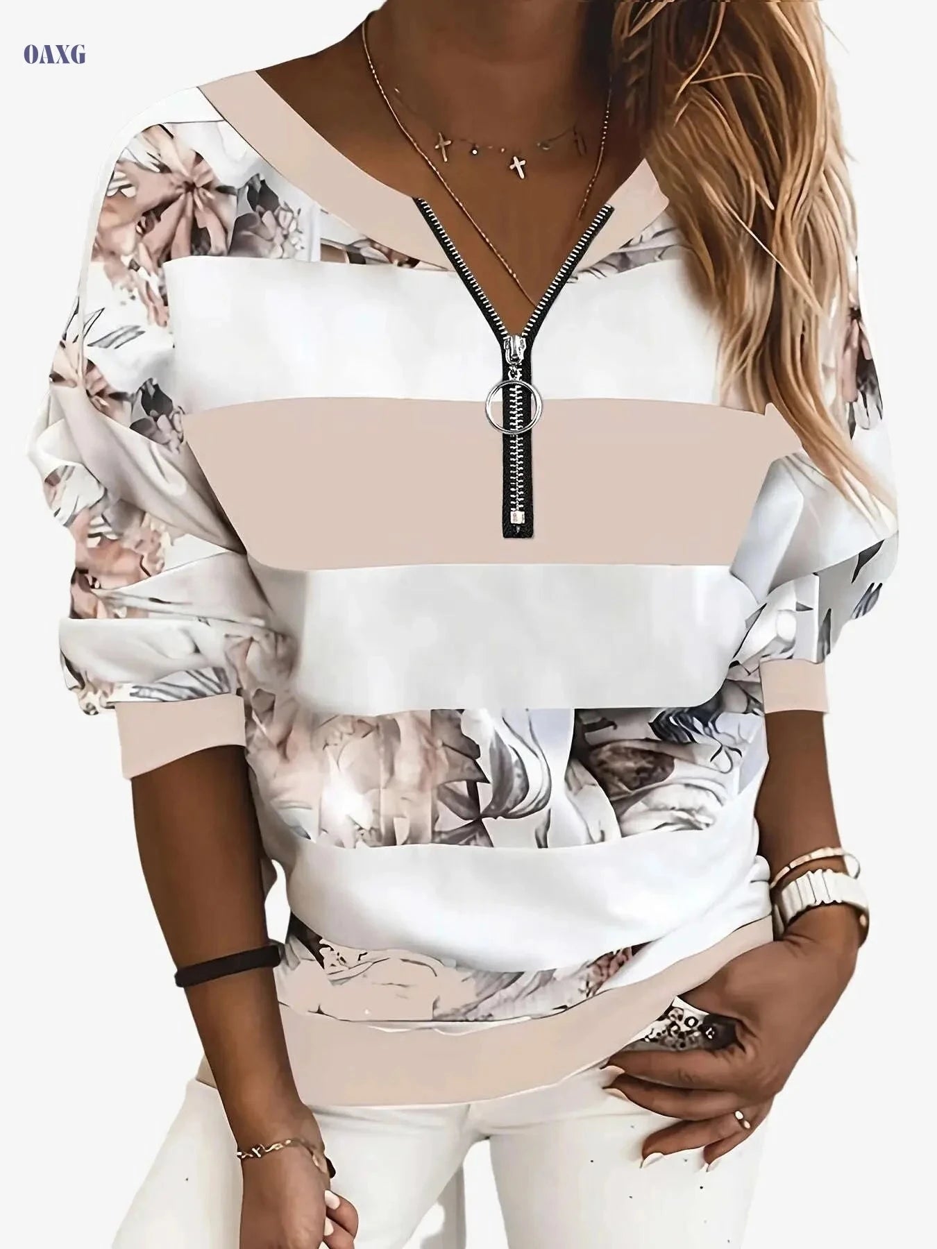 Women's Floral Color Block Long Sleeve T-Shirt - Casual V-Neck Style   OAXG 