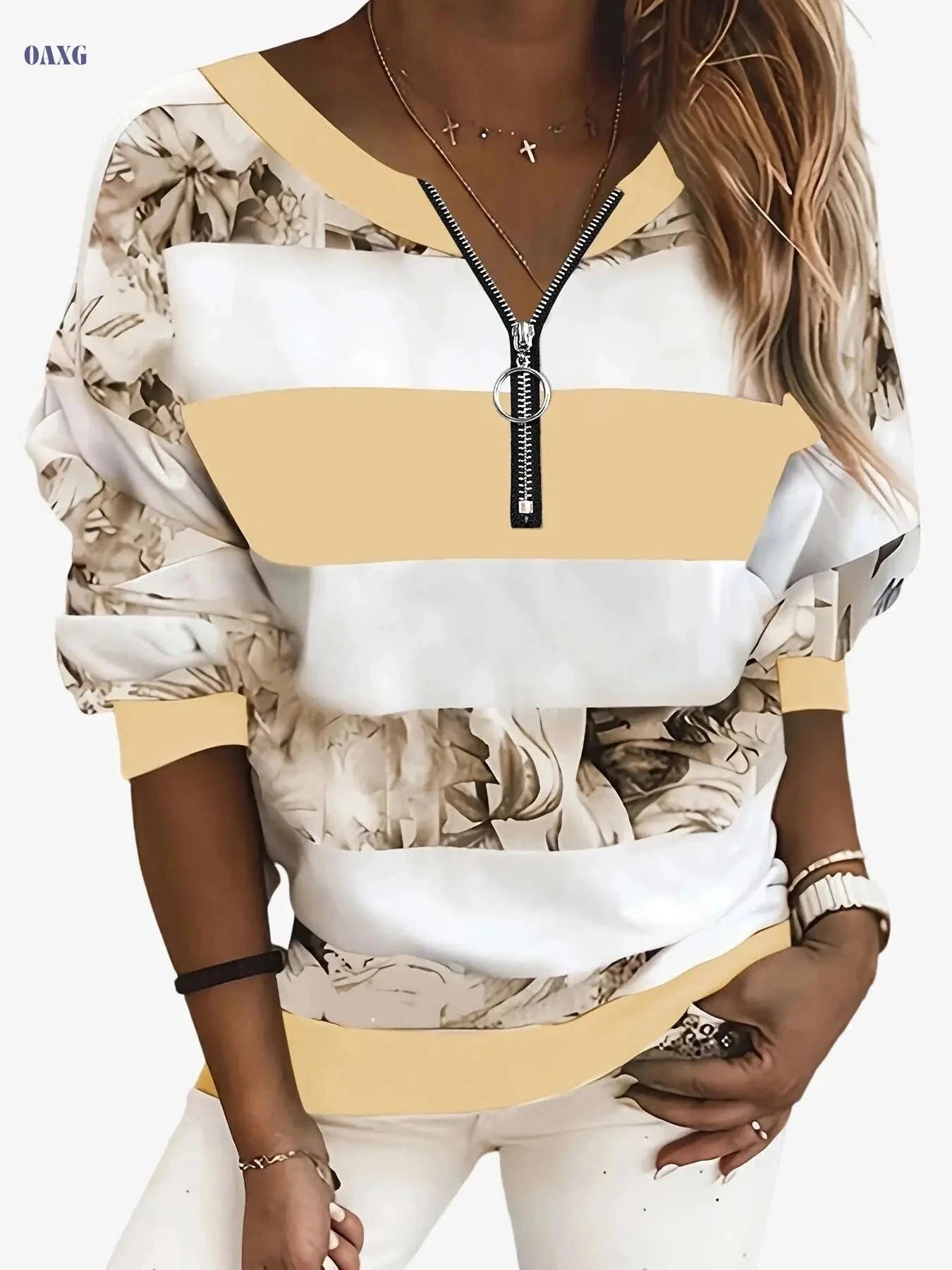 Women's Floral Color Block Long Sleeve T-Shirt - Casual V-Neck Style   OAXG 