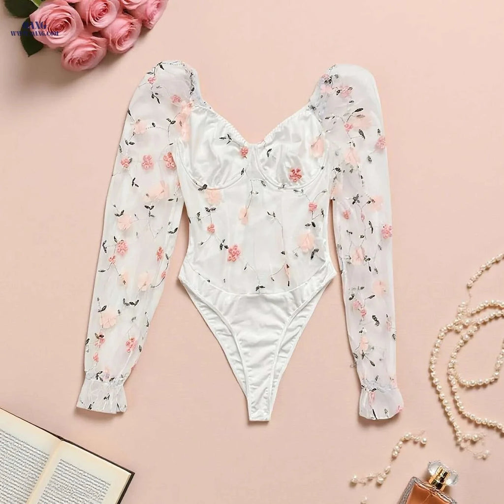 Women’s Floral Embroidered V-Neck Bodysuit - Stretchy for Fall & Winter   OAXG White / S