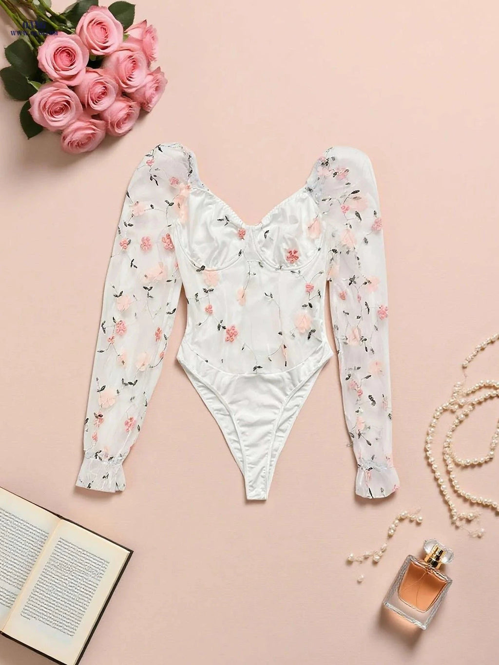 Women’s Floral Embroidered V-Neck Bodysuit - Stretchy for Fall & Winter   OAXG White / S