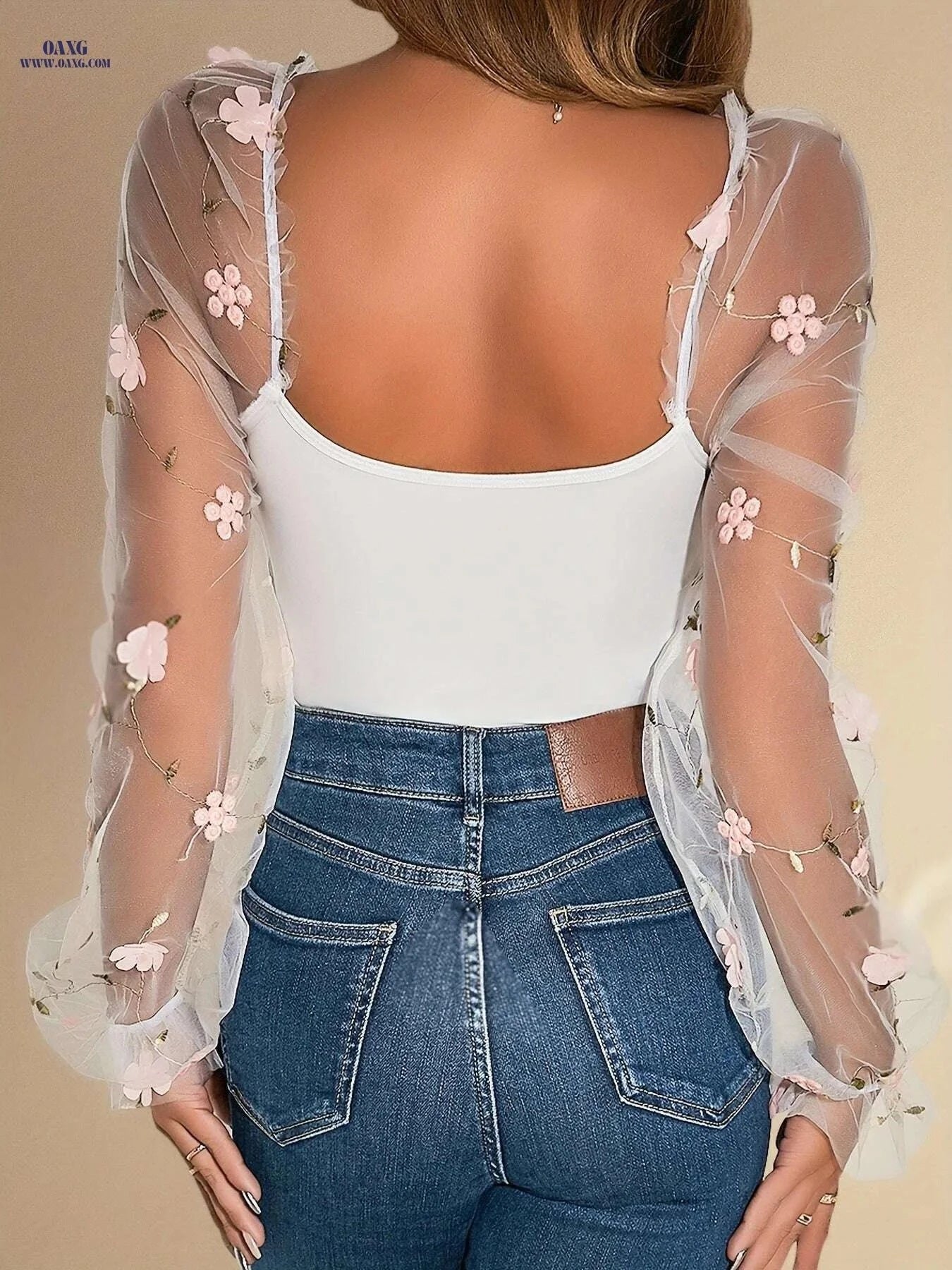 Women’s Floral Embroidered V-Neck Bodysuit - Stretchy for Fall & Winter   OAXG White / S