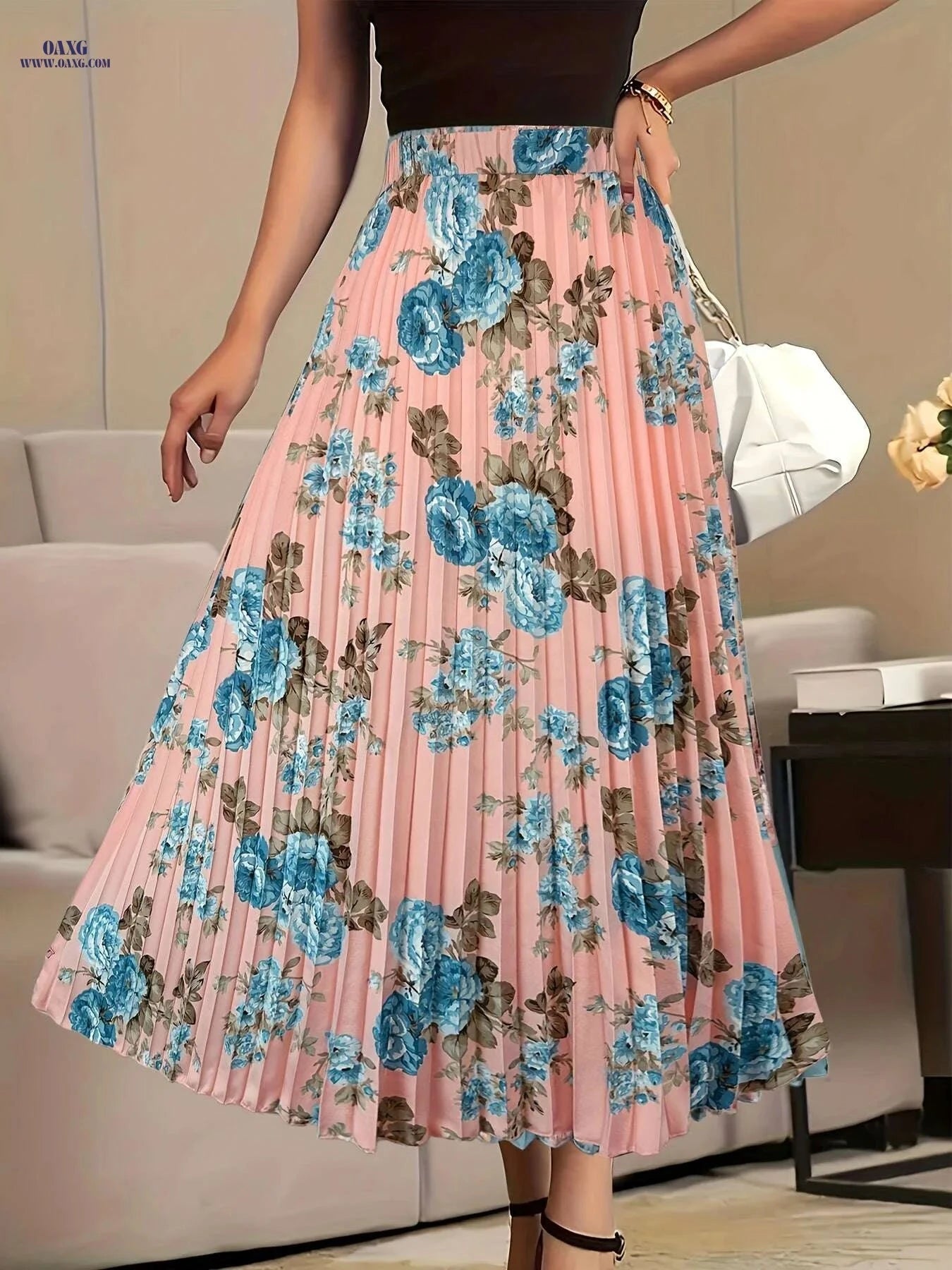 Women's Floral High Waist Skirt - Elegant Pleated Design for Spring   OAXG White / S