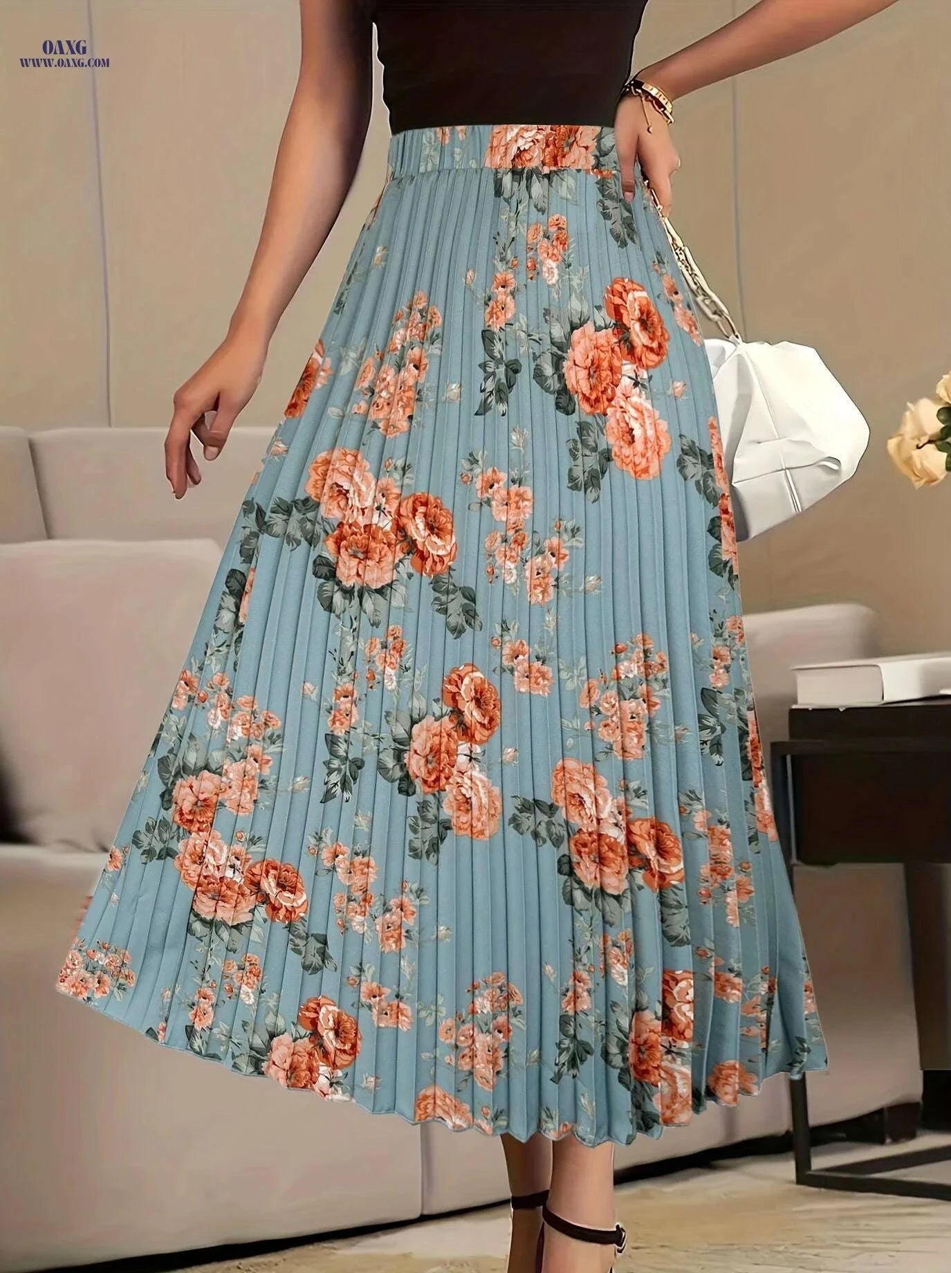 Women's Floral High Waist Skirt - Elegant Pleated Design for Spring   OAXG White / S