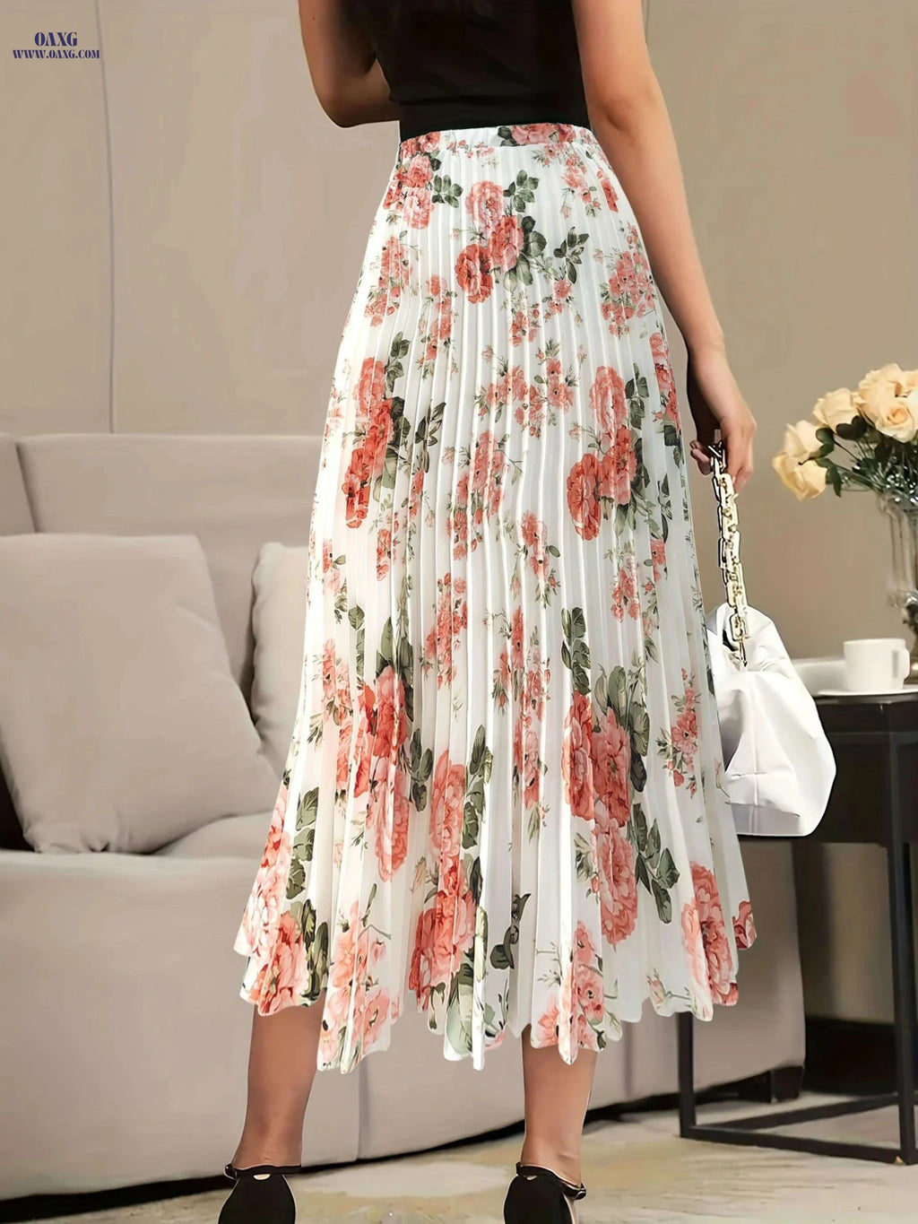 Women's Floral High Waist Skirt - Elegant Pleated Design for Spring   OAXG White / S
