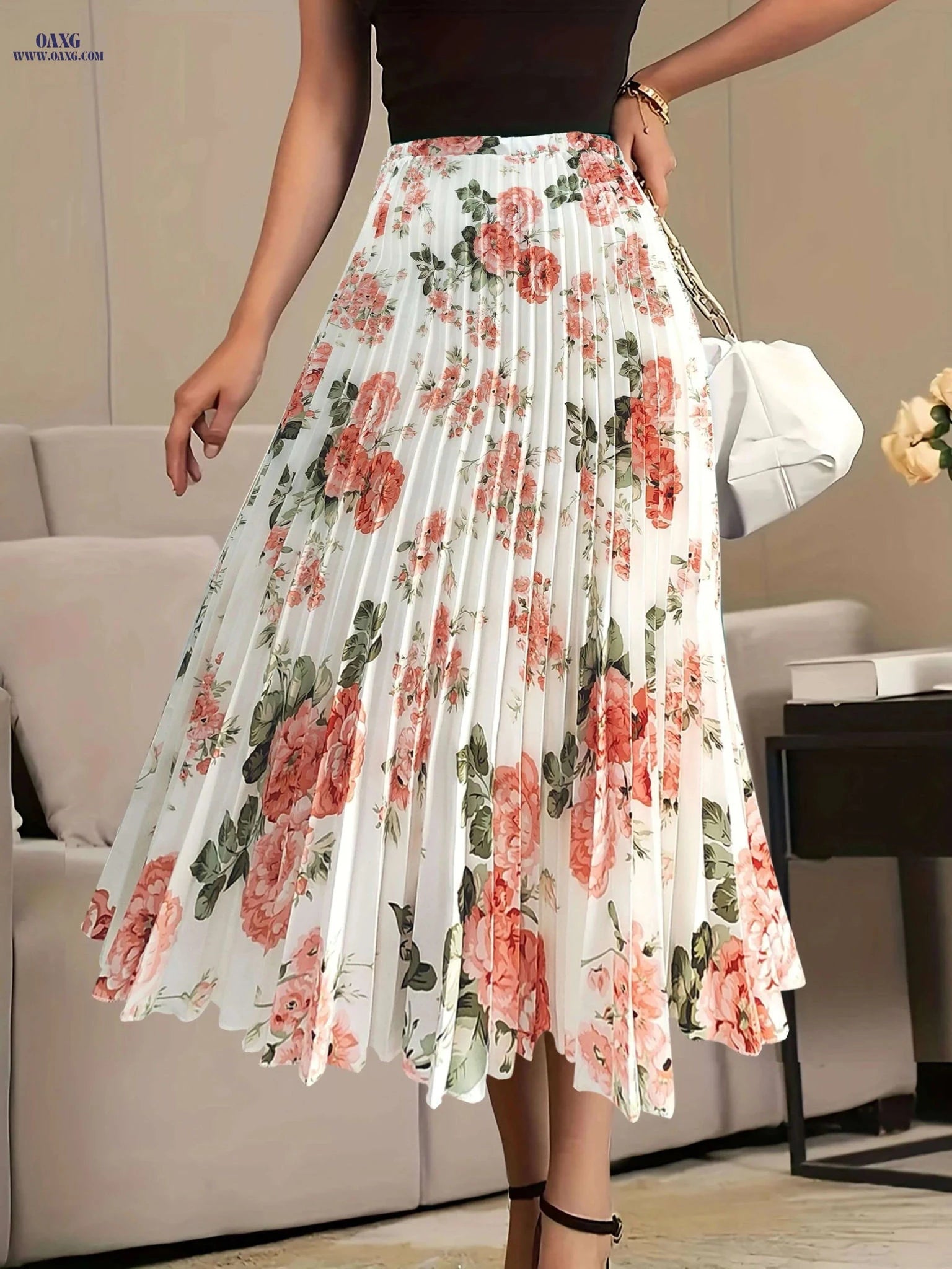 Women's Floral High Waist Skirt - Elegant Pleated Design for Spring   OAXG White / S