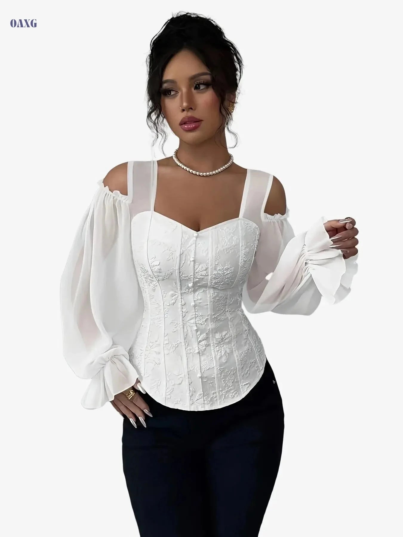 Women's Floral Jacquard Long Sleeve Top - Elegant Open Design   OAXG 
