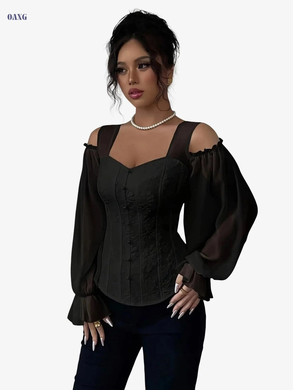 Women's Floral Jacquard Long Sleeve Top - Elegant Open Design   OAXG 