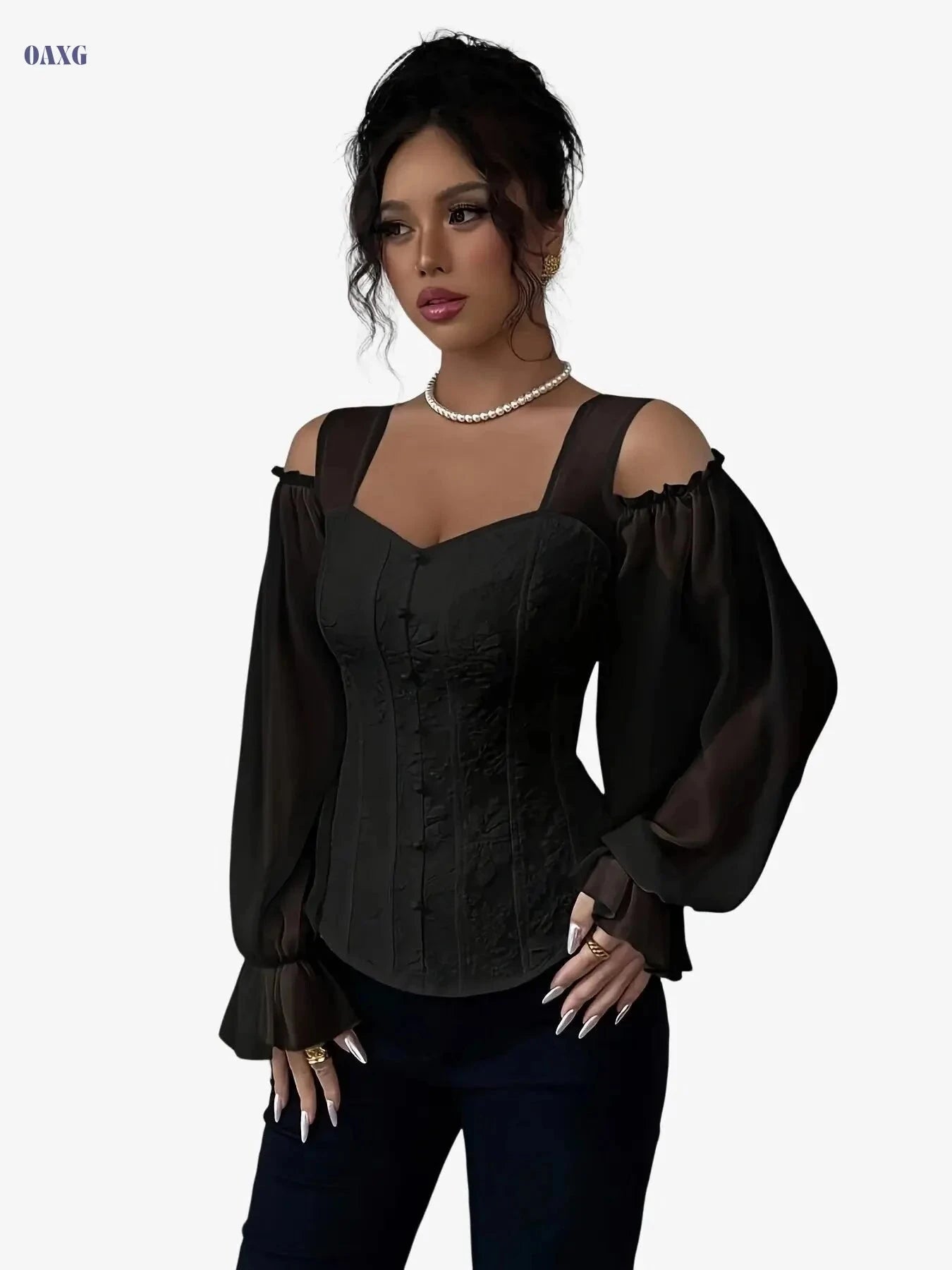 Women's Floral Jacquard Long Sleeve Top - Elegant Open Design   OAXG 