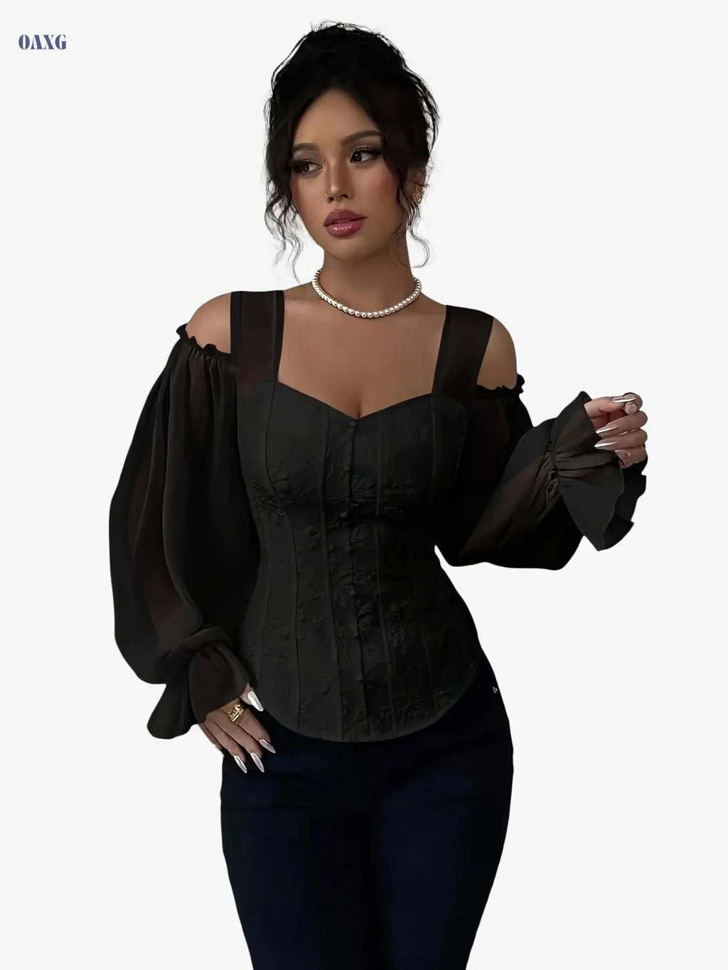 Women's Floral Jacquard Long Sleeve Top - Elegant Open Design   OAXG 