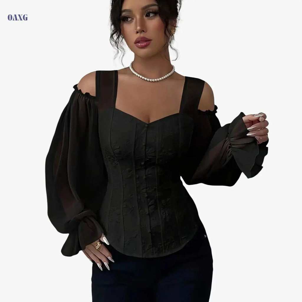 Women's Floral Jacquard Long Sleeve Top - Elegant Open Design   OAXG Black / S