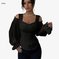 Women's Floral Jacquard Long Sleeve Top - Elegant Open Design   OAXG Black / S