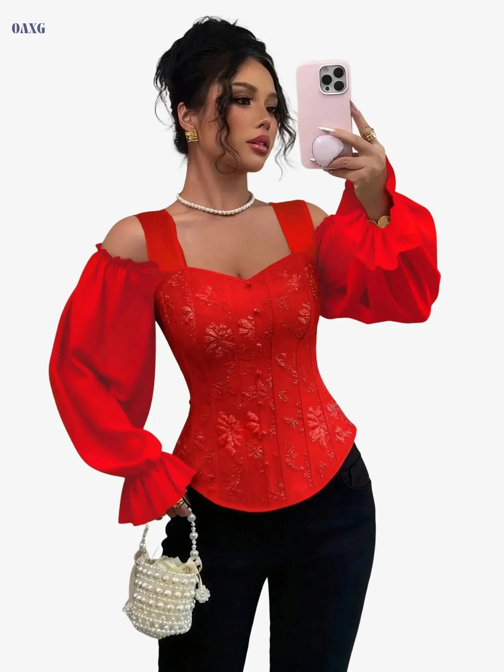 Women's Floral Jacquard Long Sleeve Top - Elegant Open Design   OAXG 