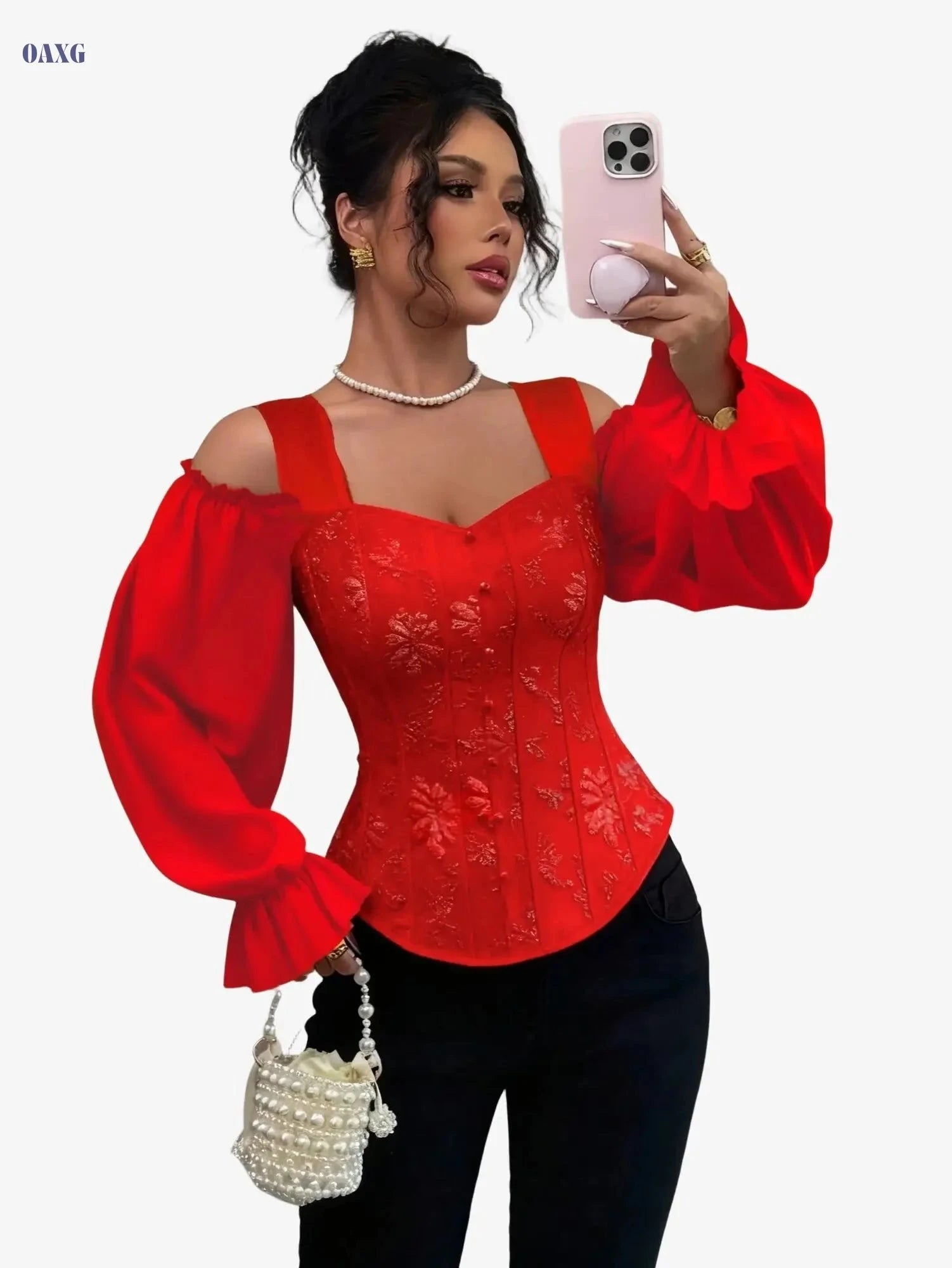 Women's Floral Jacquard Long Sleeve Top - Elegant Open Design   OAXG 