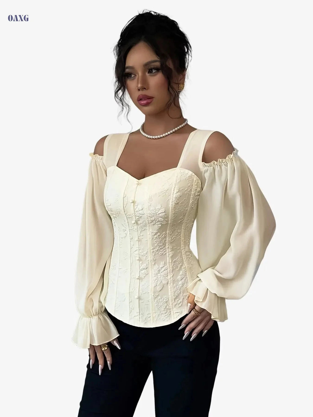 Women's Floral Jacquard Long Sleeve Top - Elegant Open Design   OAXG 