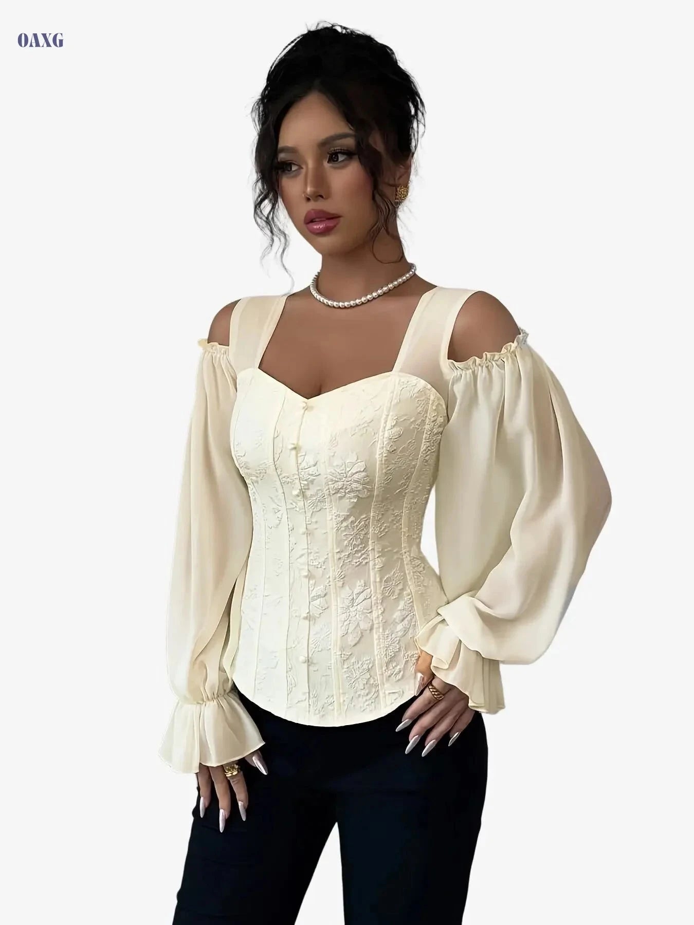 Women's Floral Jacquard Long Sleeve Top - Elegant Open Design   OAXG 