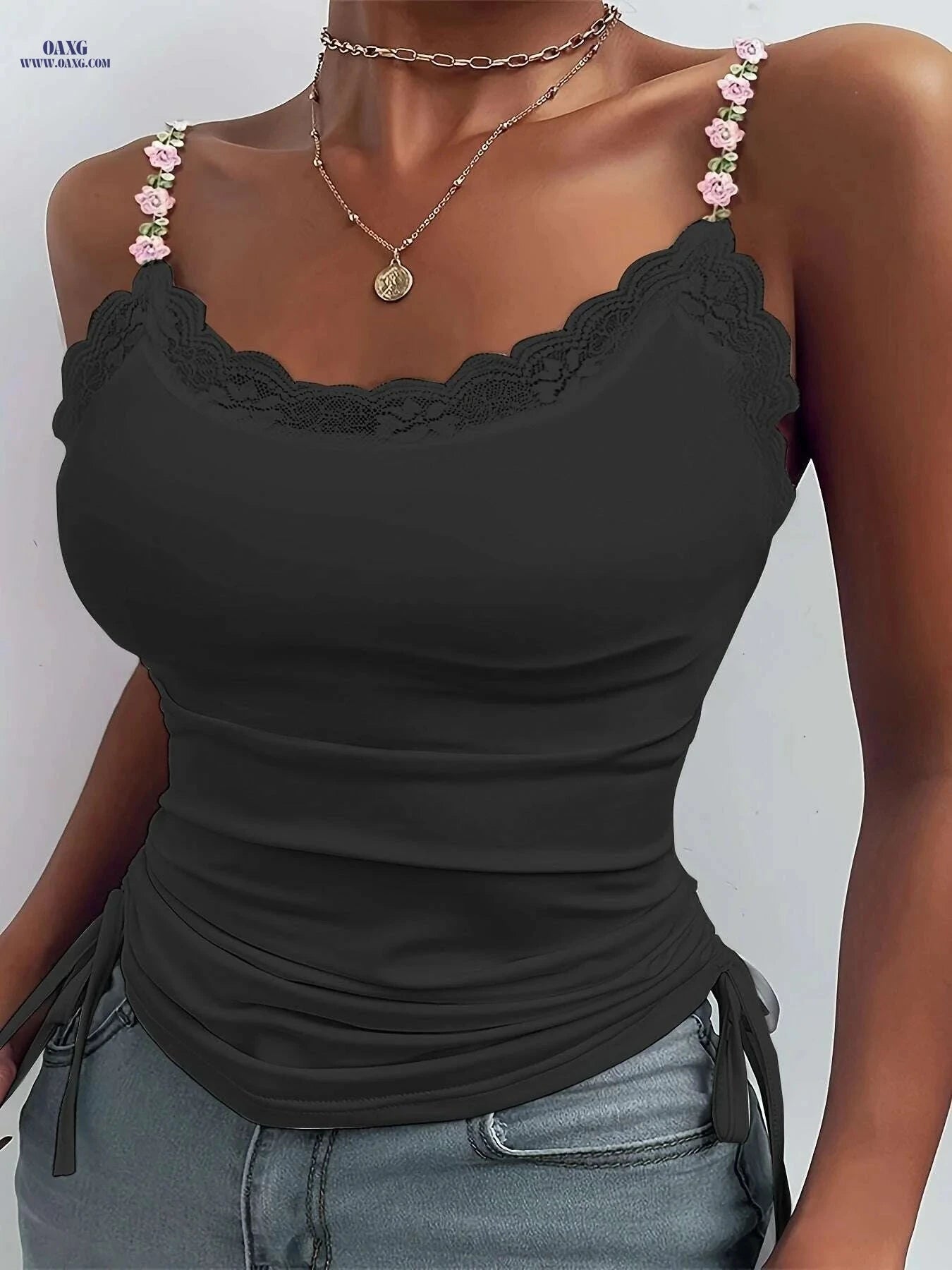 Women's Floral Lace Trim Tank Top - Vibrant Blue, Adjustable Straps   OAXG White / S