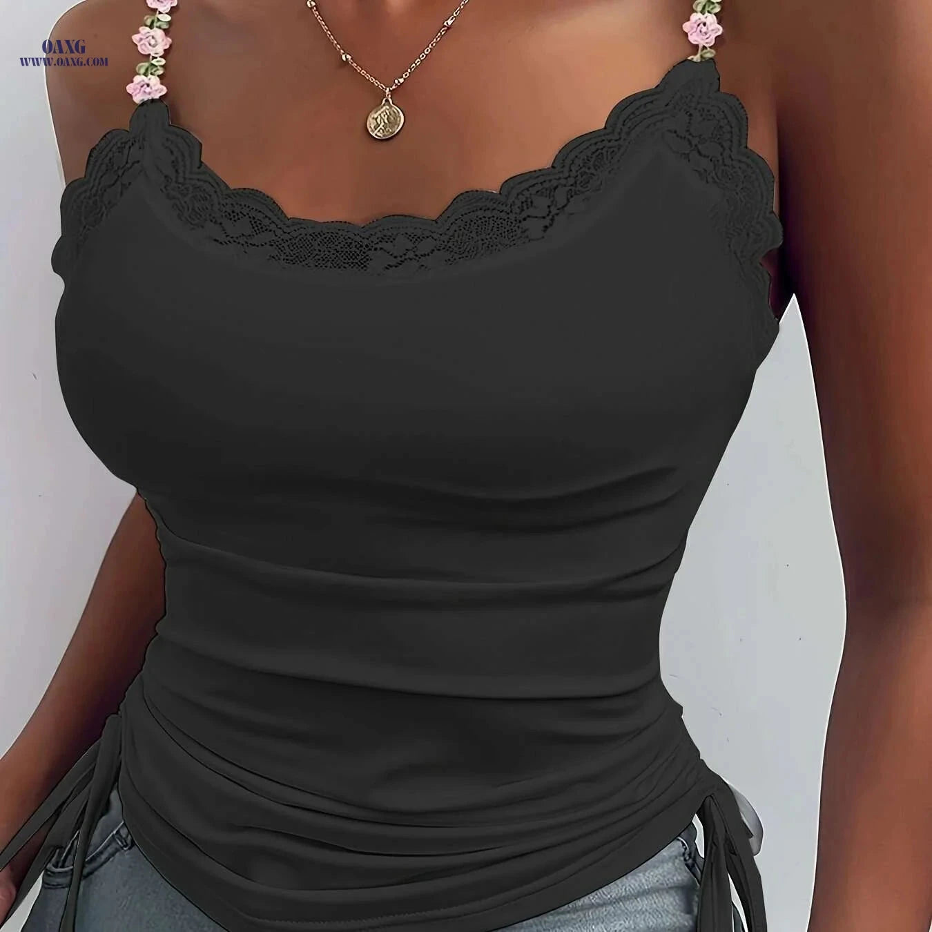 Women's Floral Lace Trim Tank Top - Vibrant Blue, Adjustable Straps   OAXG White / S