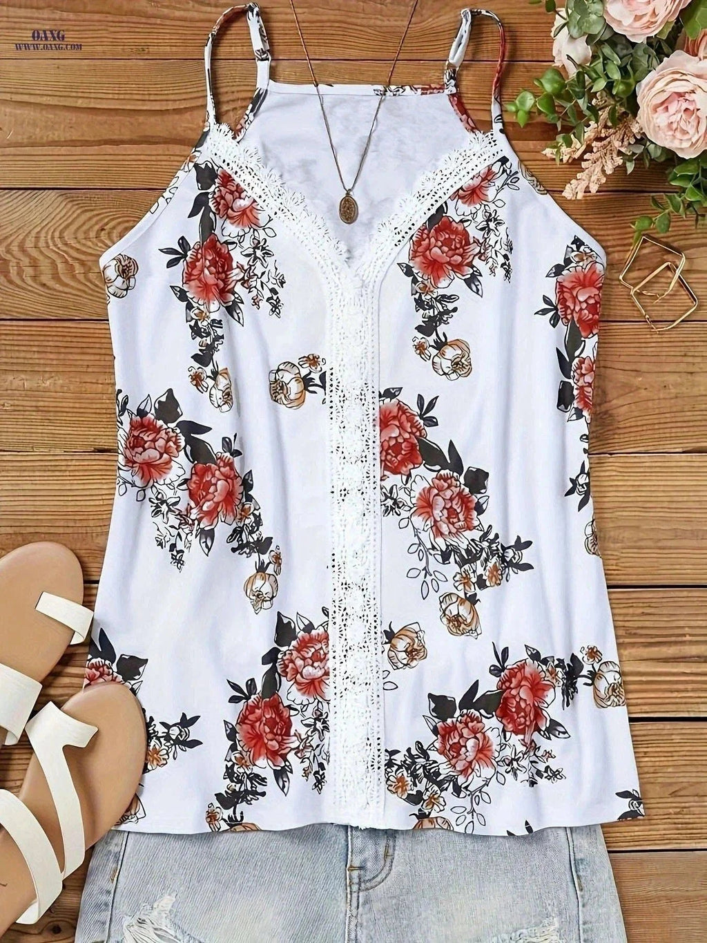 Women's Floral Lace Trim V-Neck Tank Top - Summer Casual Style   OAXG White / S