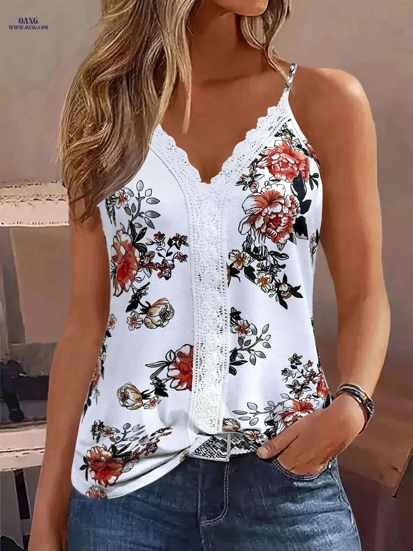 Women's Floral Lace Trim V-Neck Tank Top - Summer Casual Style   OAXG White / S