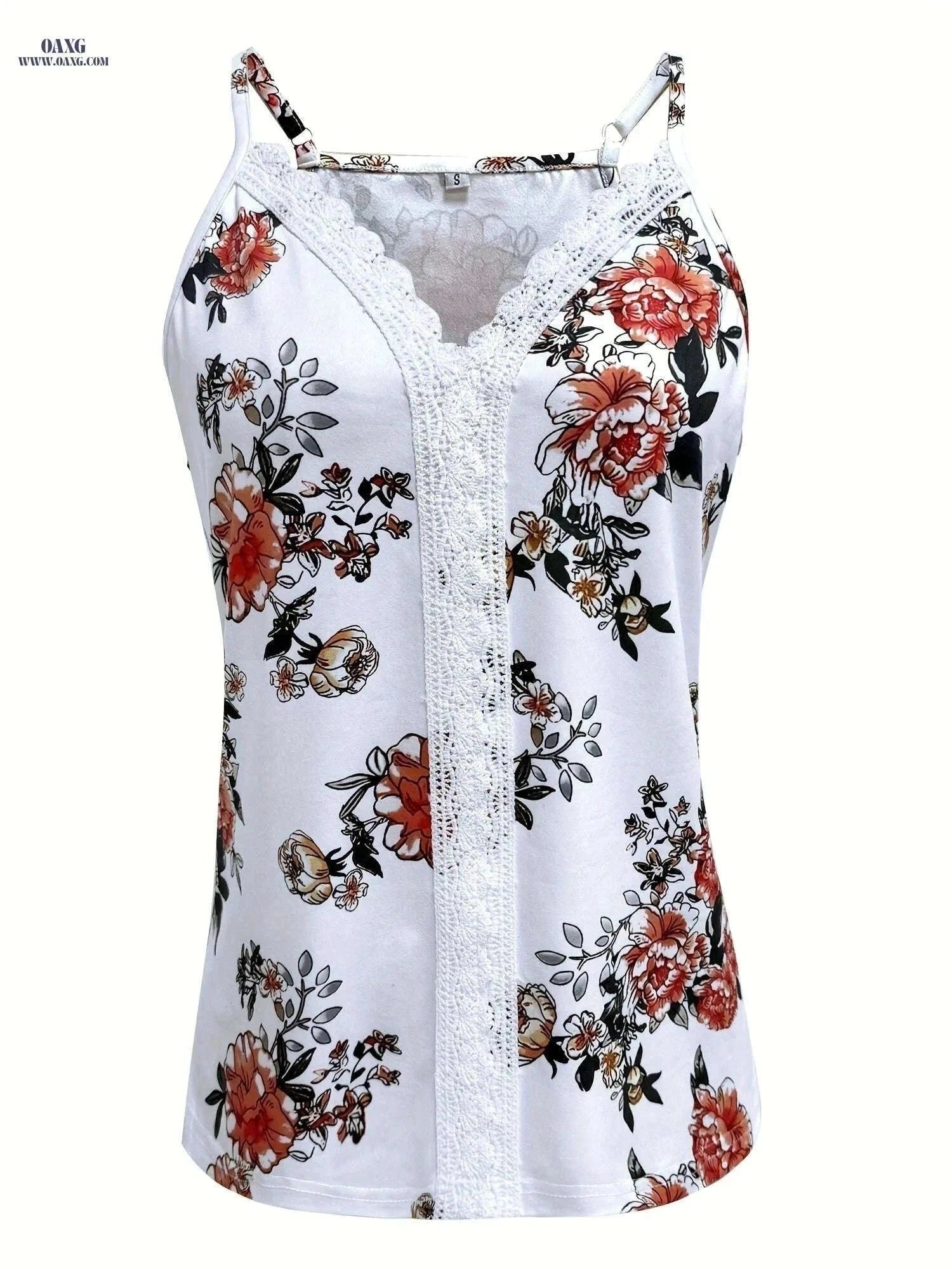 Women's Floral Lace Trim V-Neck Tank Top - Summer Casual Style   OAXG White / S