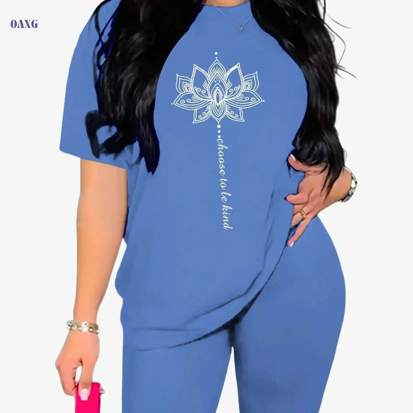 Women's Floral Lotus Workout Set - Summer Knit Crew Neck Top & Shorts   OAXG 