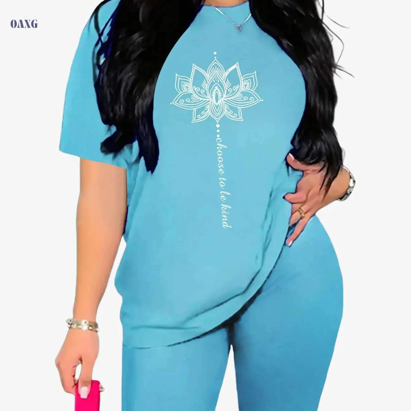 Women's Floral Lotus Workout Set - Summer Knit Crew Neck Top & Shorts   OAXG 