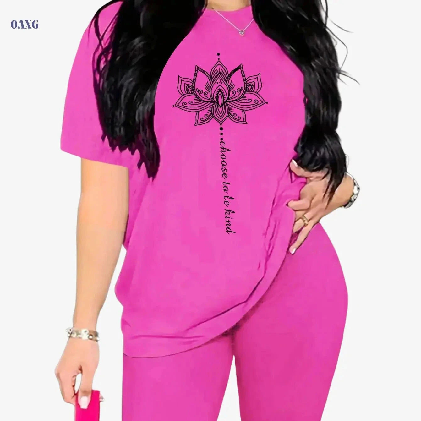 Women's Floral Lotus Workout Set - Summer Knit Crew Neck Top & Shorts   OAXG 