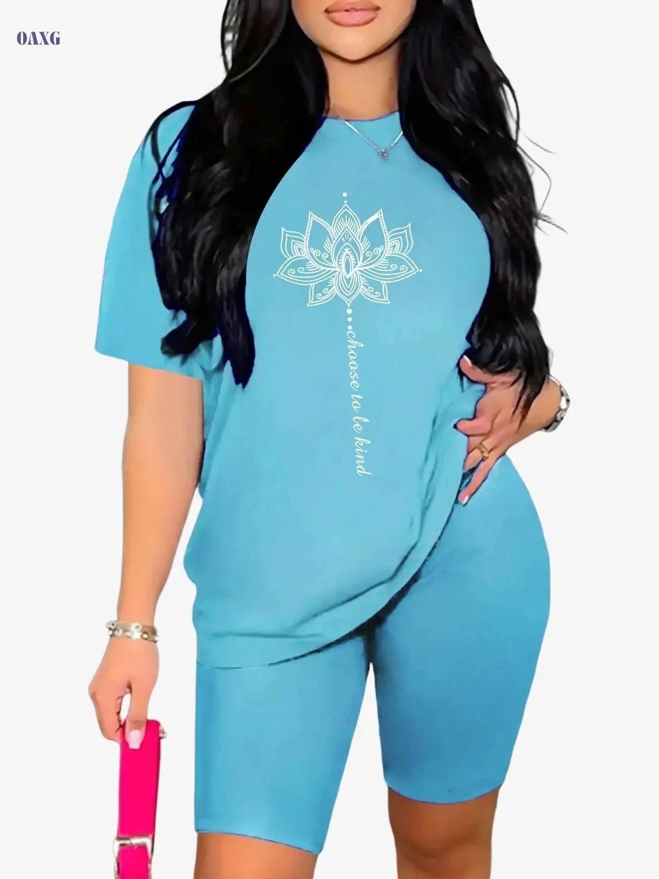 Women's Floral Lotus Workout Set - Summer Knit Crew Neck Top & Shorts   OAXG 